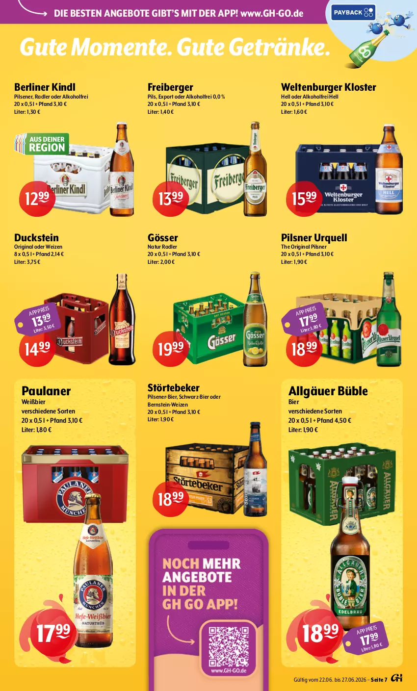 Aktueller Prospekt Getraenke Hoffmann - Prospekte - von 22.06 bis 27.06.2026 - strona 7 - produkty: alkohol, angebot, angebote, Berger, berliner, berliner kindl, bier, burger, Duck, eis, ente, Freiberger, getränk, getränke, gin, gösser, LG, natur, natur radler, Paula, paulaner, pils, pilsener, pilsner, pilsner urquell, radler, störtebeker, Ti