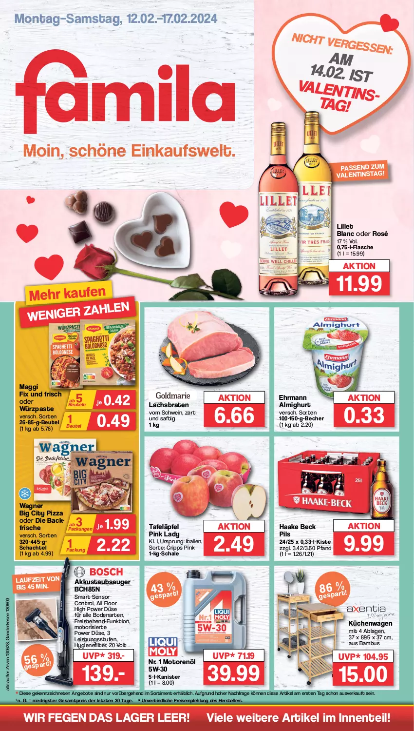 Aktueller Prospekt Famila - Prospekte - von 12.02 bis 17.02.2024 - strona 1 - produkty: akku, almighur, almighurt, angebot, angebote, bambus, Becher, beutel, braten, ehrmann, ehrmann almighurt, eis, elle, ente, flasche, hygienefilter, küche, Küchen, lachs, Lachsbraten, lillet, maggi, maggi fix, motorenöl, pils, Pink Lady, pizza, reis, saft, Schal, Schale, schwein, staubsauger, tafeläpfel, teller, Ti, wagner, wein, ZTE