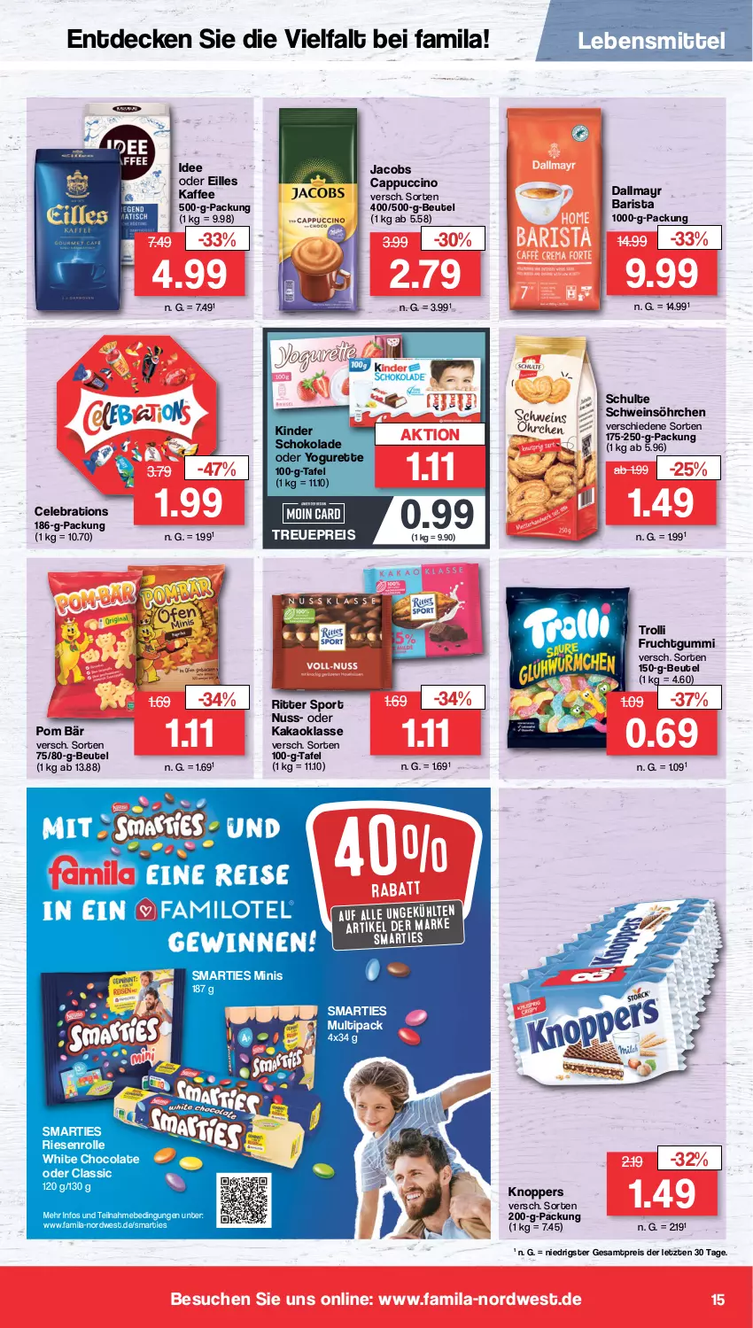 Aktueller Prospekt Famila - Prospekte - von 12.02 bis 17.02.2024 - strona 15 - produkty: beutel, Cap, cappuccino, cin, cola, dallmayr, decke, eis, frucht, fruchtgummi, jacobs, kaffee, kakao, Kinder, kinder schokolade, knoppers, lebensmittel, nuss, oder yogurette, reis, ritter, ritter sport, schoko, schokolade, schwein, smarties, Sport, Ti, trolli, trolli fruchtgummi, wein, white chocolate, Yo, yogurette, ZTE