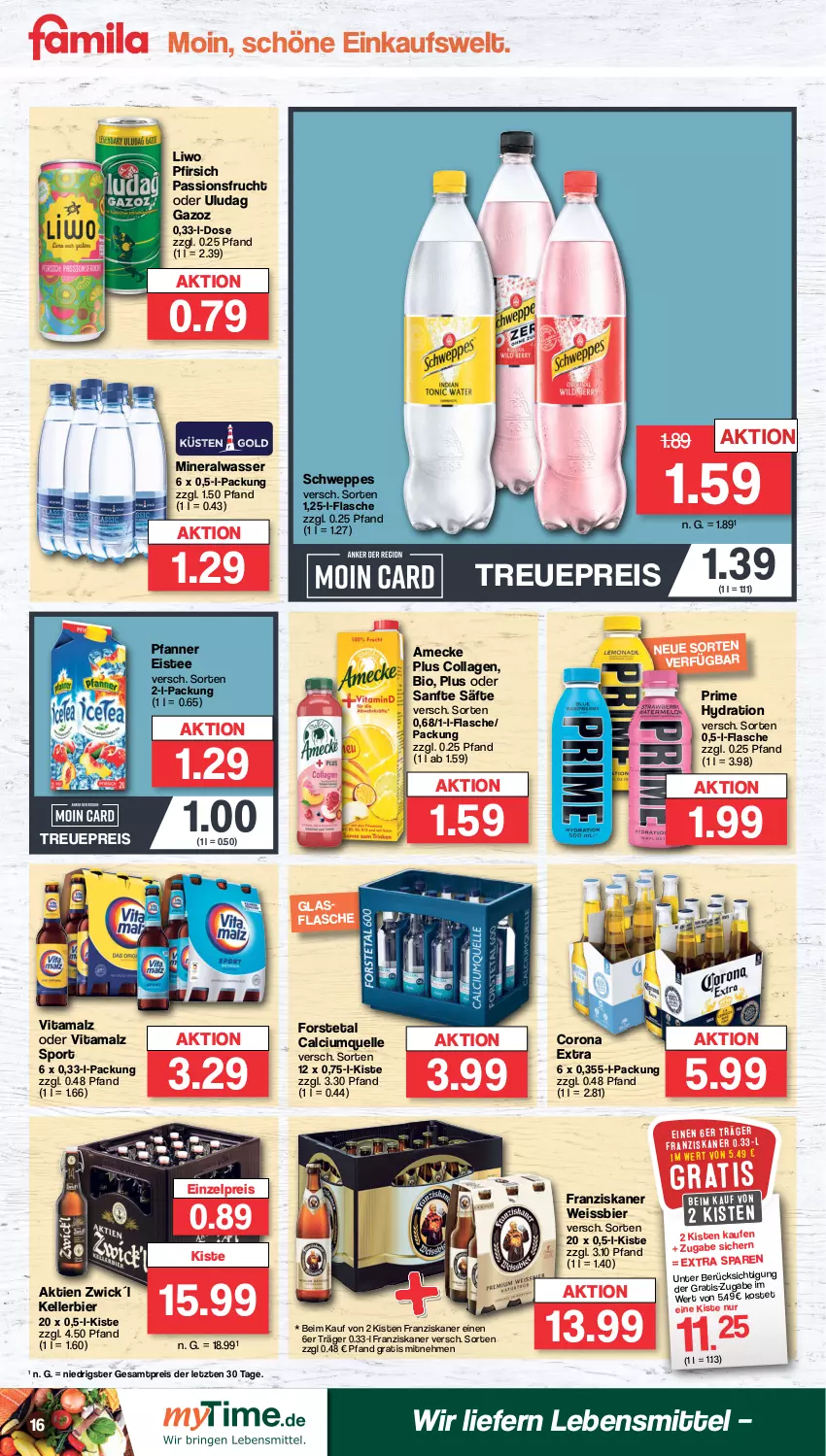 Aktueller Prospekt Famila - Prospekte - von 12.02 bis 17.02.2024 - strona 16 - produkty: Alwa, amecke, bier, bio, Calcium, Collagen, corona, corona extra, eis, eistee, elle, flasche, Forstetal, franziskaner, frucht, glasflasche, kellerbier, lebensmittel, malz, mineralwasser, passionsfrucht, pfanne, Pfanner, pfirsich, reis, säfte, schweppes, Sport, tee, Ti, vita, vitamalz, wasser, weissbier, WICK, ZTE