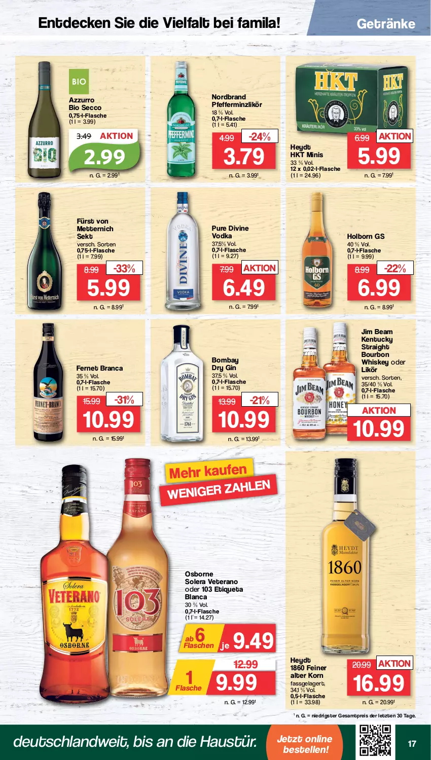 Aktueller Prospekt Famila - Prospekte - von 12.02 bis 17.02.2024 - strona 17 - produkty: aust, bio, bourbon, bourbon whiskey, decke, dry gin, ecco, eis, elle, Etiqueta Blanca, Fernet, fernet branca, flasche, fürst von metternich, getränk, getränke, gin, jim beam, kentucky straight, korn, likör, Mett, metternich, nordbrand, osborne, pfeffer, pfefferminzlikör, reis, sekt, Ti, tuc, veterano, vodka, whiskey, ZTE