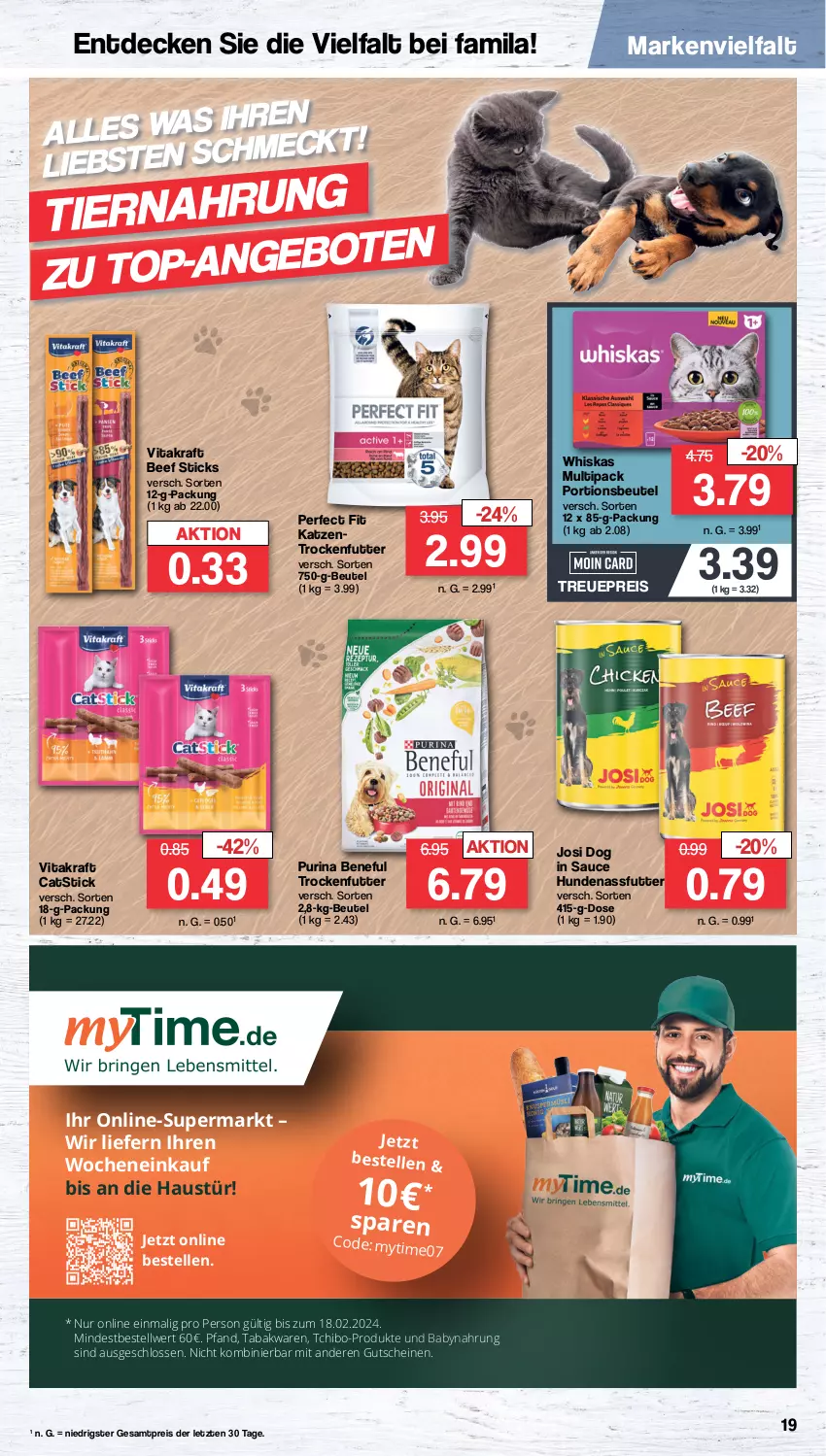 Aktueller Prospekt Famila - Prospekte - von 12.02 bis 17.02.2024 - strona 19 - produkty: aust, Babynahrung, beef, beutel, decke, eis, elle, gutschein, gutscheine, Katzentrockenfutter, kraft, nassfutter, Perfect Fit, portionsbeutel, purina, reis, sauce, Tchibo, Ti, tiernahrung, trockenfutter, vita, vitakraft, whiskas, ZTE