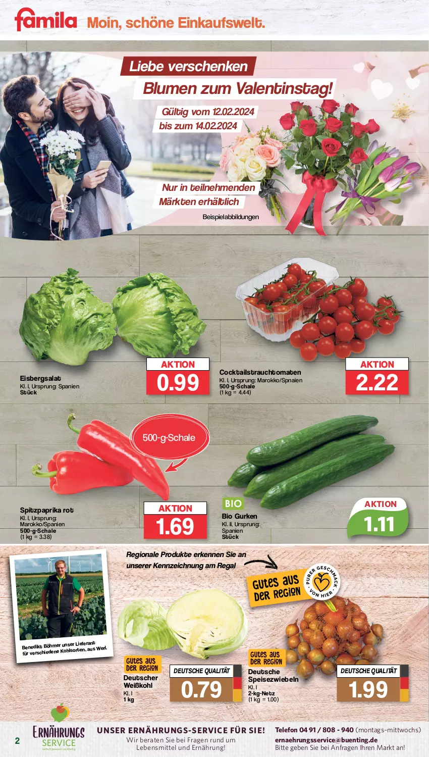 Aktueller Prospekt Famila - Prospekte - von 12.02 bis 17.02.2024 - strona 2 - produkty: beispielabbildung, bio, bio gurken, blume, blumen, cocktail, cocktails, eis, eisbergsalat, gurke, gurken, lebensmittel, paprika, paprika rot, Rauch, regal, salat, Schal, Schale, Speisezwiebeln, Spitzpaprika, strauchtomaten, telefon, Ti, tomate, tomaten, Weißkohl, zwiebel, zwiebeln