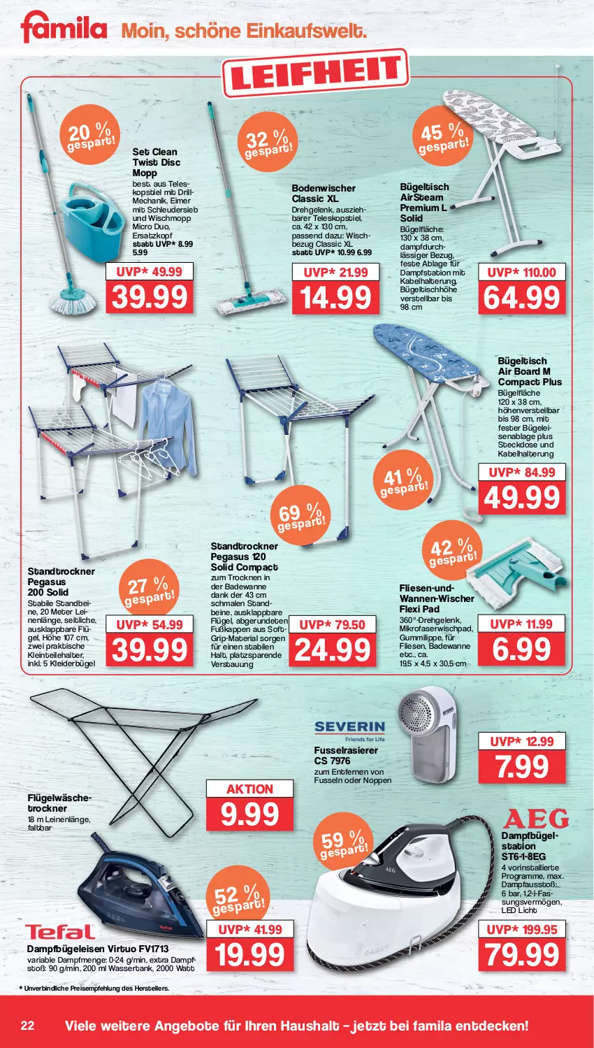 Aktueller Prospekt Famila - Prospekte - von 12.02 bis 17.02.2024 - strona 22 - produkty: angebot, angebote, asus, Bad, Badewanne, bodenwischer, bügel, Bügeleisen, Bügelstation, bügeltisch, dampfbügeleisen, dampfbügelstation, decke, eimer, eis, elle, HP, kleid, kleider, kleiderbügel, leine, mikrofaser, Pfau, rasierer, reis, Ria, steckdose, Teleskop, teleskopstiel, teller, Ti, tisch, Trockner, Wanne, wäschetrockner, wasser, wassertank, Wischmopp