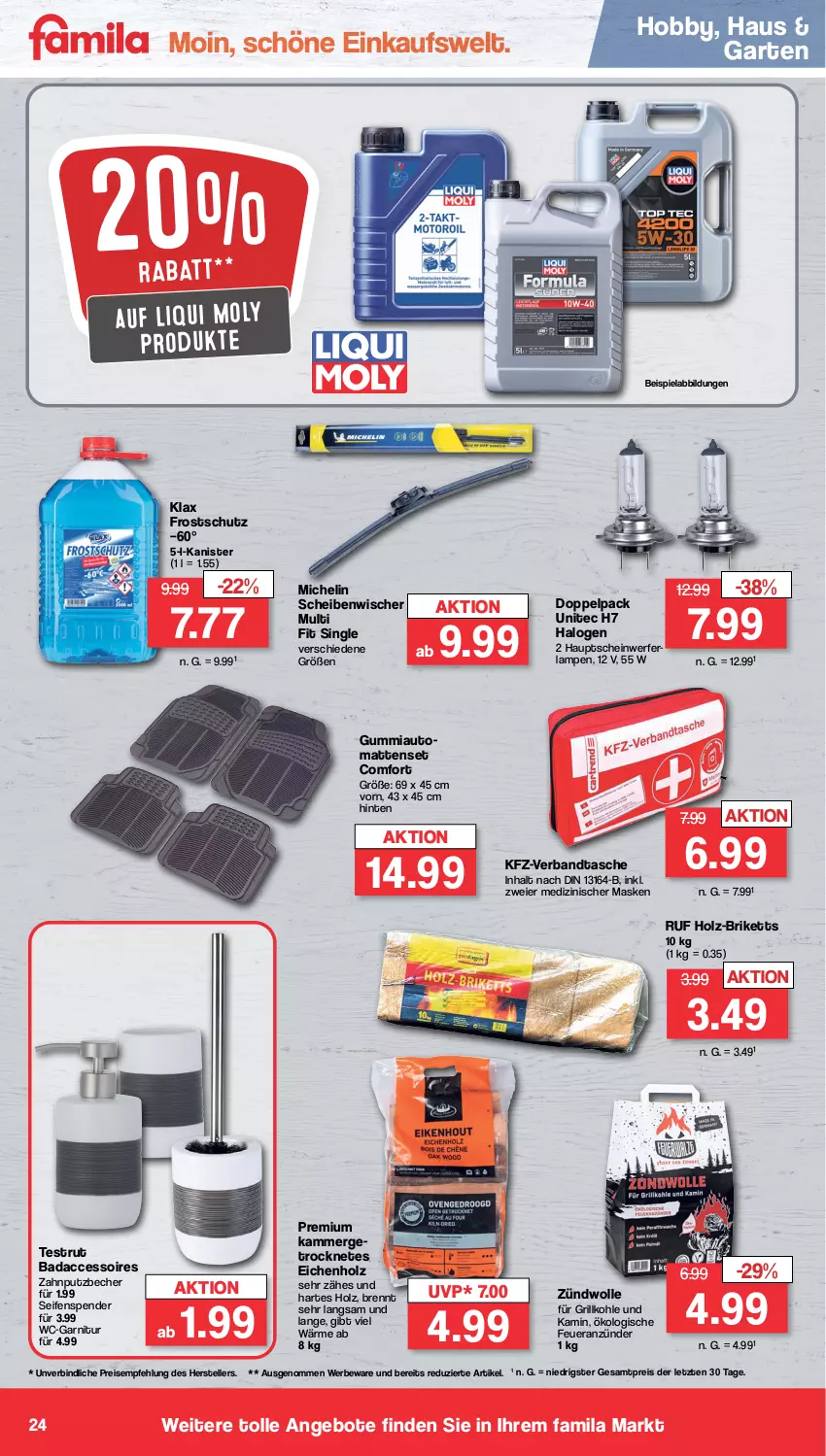 Aktueller Prospekt Famila - Prospekte - von 12.02 bis 17.02.2024 - strona 24 - produkty: ACC, accessoires, angebot, angebote, anzünder, auto, Bad, Becher, beispielabbildung, briketts, eier, eis, elle, Feueranzünder, garnitur, Garten, grill, Grillkohle, Hobby, Holz, Kamin, Lampe, Maske, Michelin, reis, Scheinwerferlampe, Seife, seifenspender, Tasche, teller, Ti, unitec, wc-garnitur, wolle, ZTE