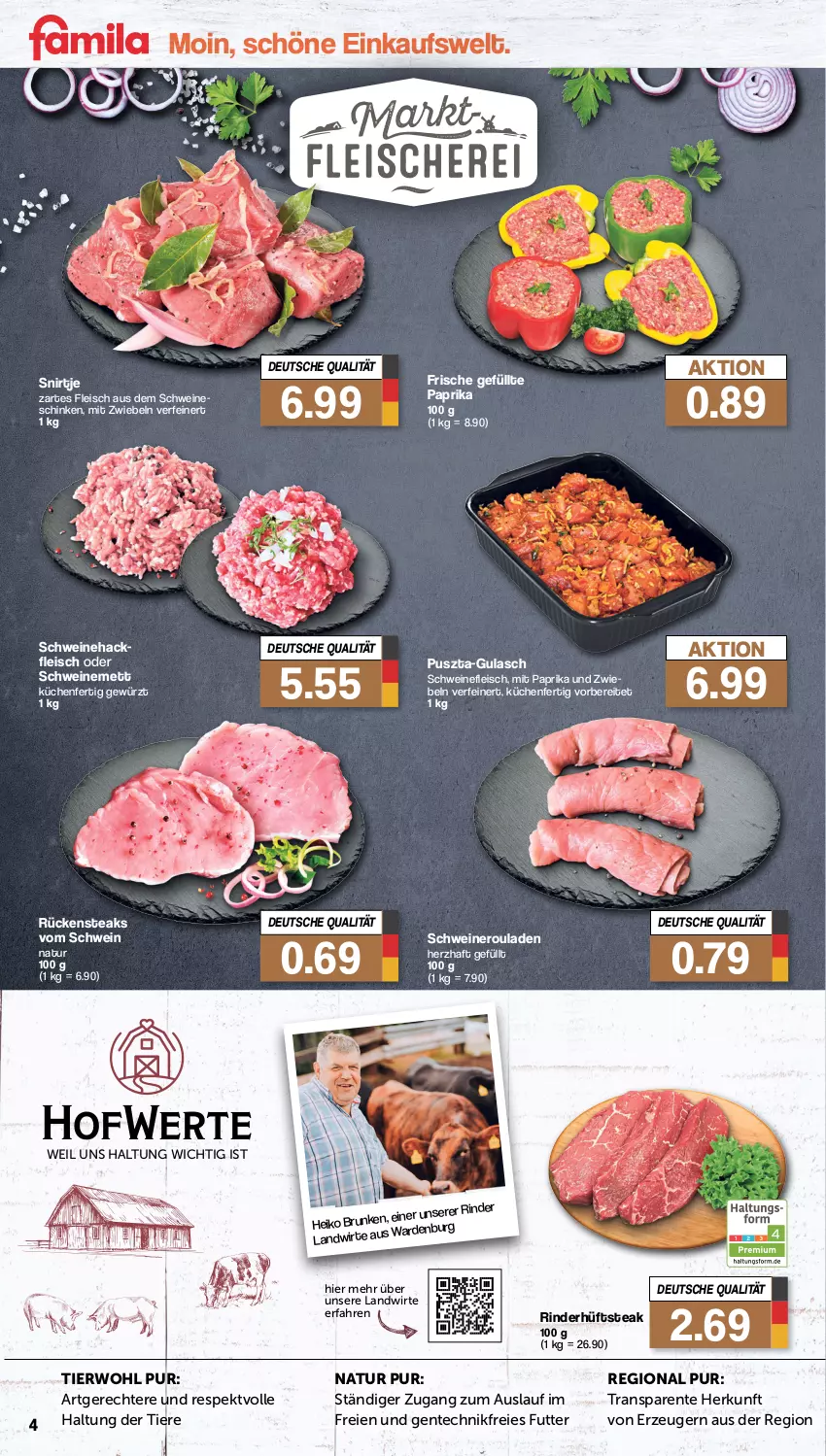 Aktueller Prospekt Famila - Prospekte - von 12.02 bis 17.02.2024 - strona 4 - produkty: eis, ente, fleisch, gewürz, gulasch, hackfleisch, hüftsteak, küche, Küchen, Mett, mit paprika, mit zwiebeln, natur, nero, paprika, rind, rinder, rouladen, Rückensteak, rückensteaks, schinken, schwein, schweine, schweinefleisch, Schweinehackfleisch, schweinemett, Schweineroulade, steak, steaks, Ti, Tiere, wein, weine, zwiebel, zwiebeln