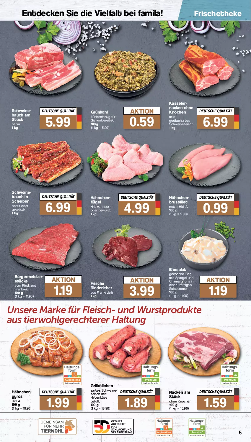 Aktueller Prospekt Famila - Prospekte - von 12.02 bis 17.02.2024 - strona 5 - produkty: Bau, brustfilet, champignon, champignons, creme, decke, eier, eiersalat, eis, filet, fleisch, Germ, gewürz, grill, gyros, hähnchenbrust, hähnchenbrustfilet, hähnchenflügel, Hähnchengyros, hirtenkäse, Käse, kasseler, küche, Küchen, LG, Meister, natur, rind, rinder, Rinderleber, salat, salatcreme, schwein, schweine, Schweinebauch, schweinefleisch, spargel, Ti, wein, weine, wurst