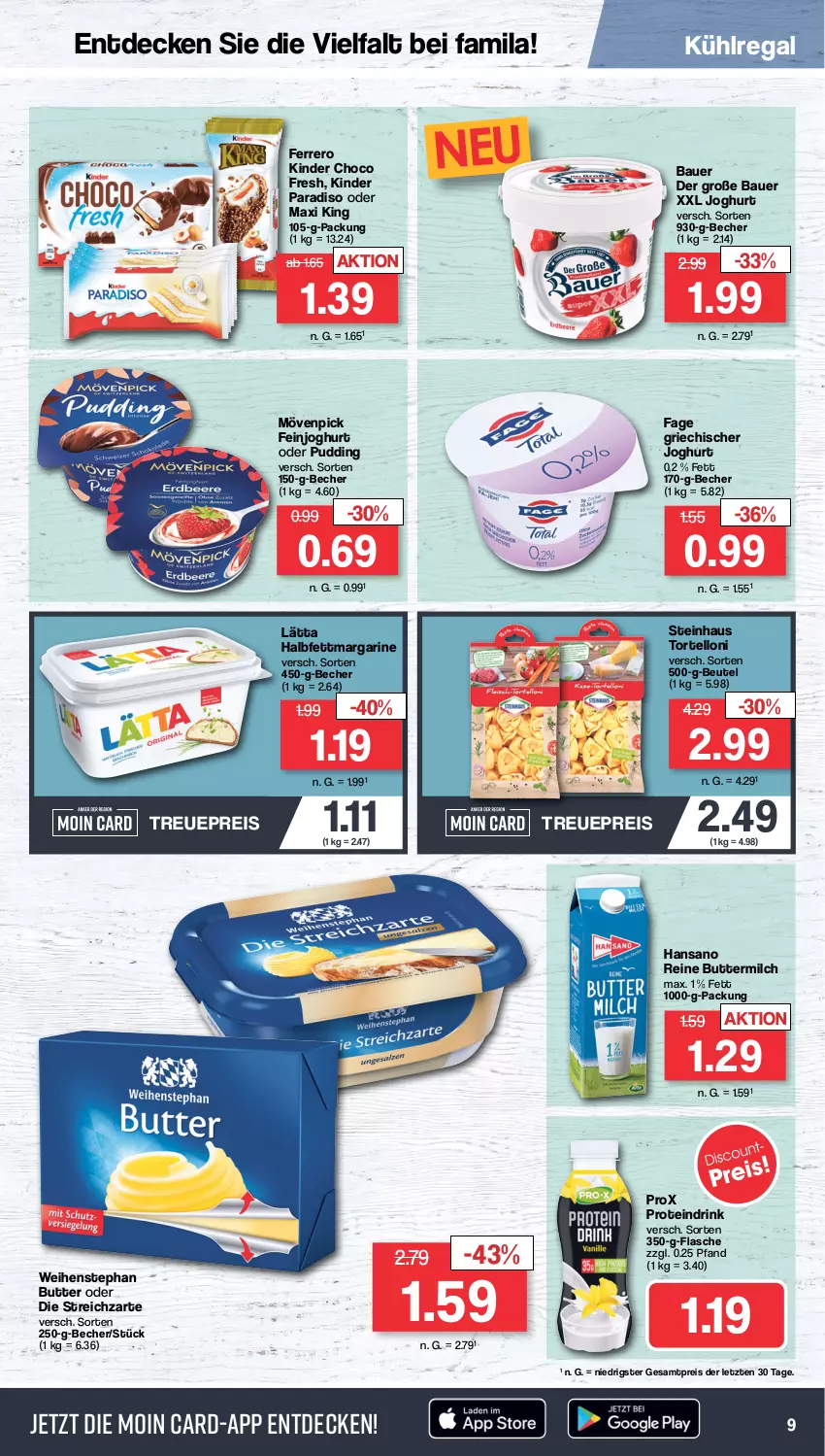 Aktueller Prospekt Famila - Prospekte - von 12.02 bis 17.02.2024 - strona 9 - produkty: auer, Bau, Bauer, Becher, beutel, butter, buttermilch, choco fresh, decke, drink, eis, feinjoghurt, ferrero, flasche, Griechischer Joghurt, halbfettmargarine, joghur, joghurt, Kinder, Kinder Choco fresh, kühlregal, lätta, margarine, milch, mövenpick, Proteindrink, pudding, regal, reine buttermilch, reis, steinhaus, Streichzart, Ti, torte, tortelloni, weihenstephan, ZTE