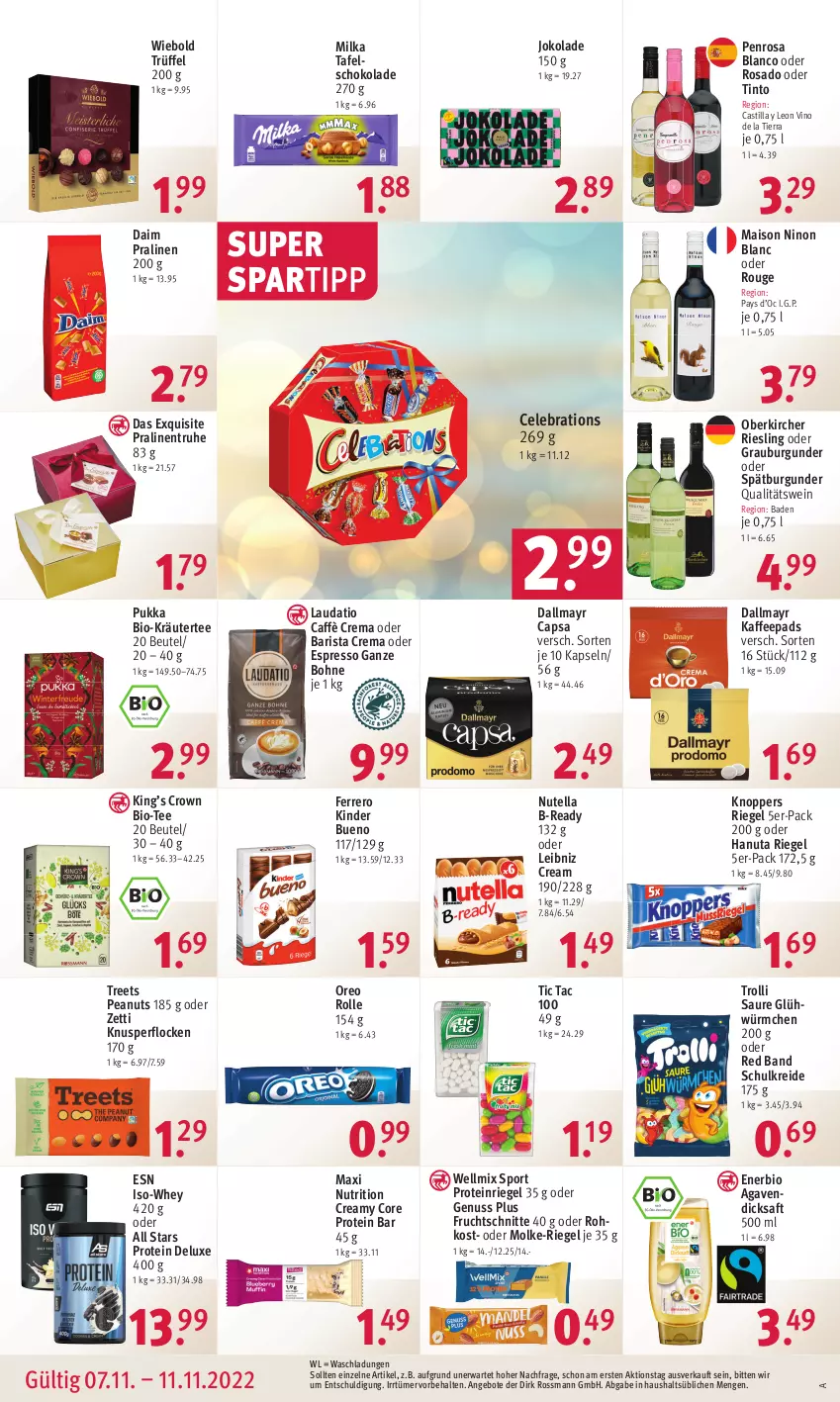 Aktueller Prospekt Rossmann - Prospekte - von 07.11 bis 11.11.2022 - strona 12 - produkty: agaven, angebot, angebote, asti, Bad, beutel, bio, bohne, burgunder, caffè crema, Cap, daim, dallmayr, dallmayr capsa, dicksaft, espresso, ferrero, frucht, Fruchtschnitte, grauburgunder, hanuta, kaffee, kaffeepads, Kinder, kinder bueno, knoppers, Knusperflocken, kräuter, Kreide, leibniz, mais, milka, nuss, nutella, oder espresso, oreo, pralinen, qualitätswein, riegel, riesling, rouge, saft, schoko, schokolade, spartipp, spätburgunder, Sport, tafelschokolade, tee, Ti, trolli, Trüffel, wein