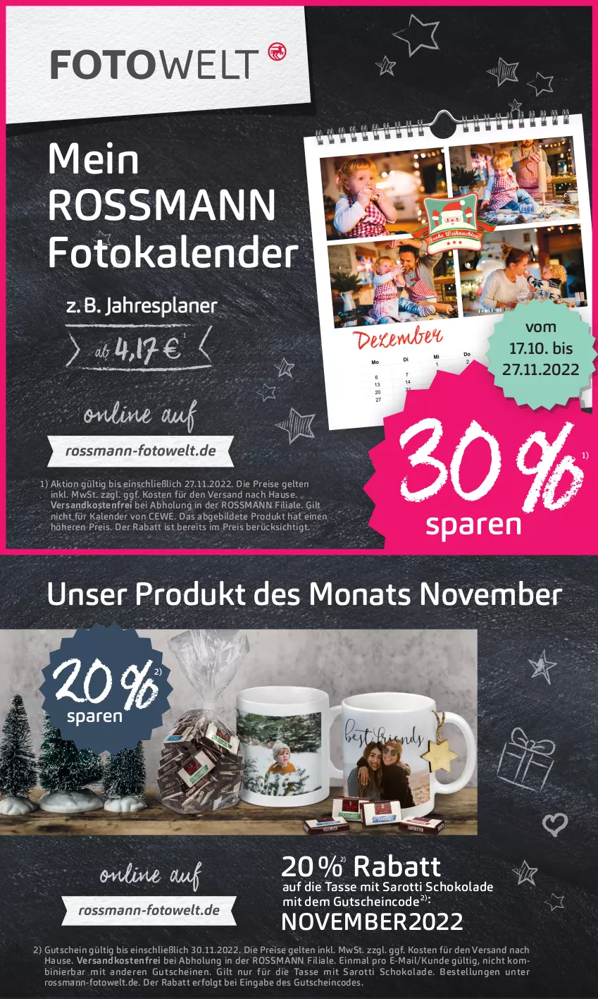 Aktueller Prospekt Rossmann - Prospekte - von 07.11 bis 11.11.2022 - strona 17 - produkty: cewe, eis, Fotokalender, gutschein, gutscheine, LG, ndk, reis, saro, sarotti, schoko, schokolade, tasse, Ti, versandkostenfrei