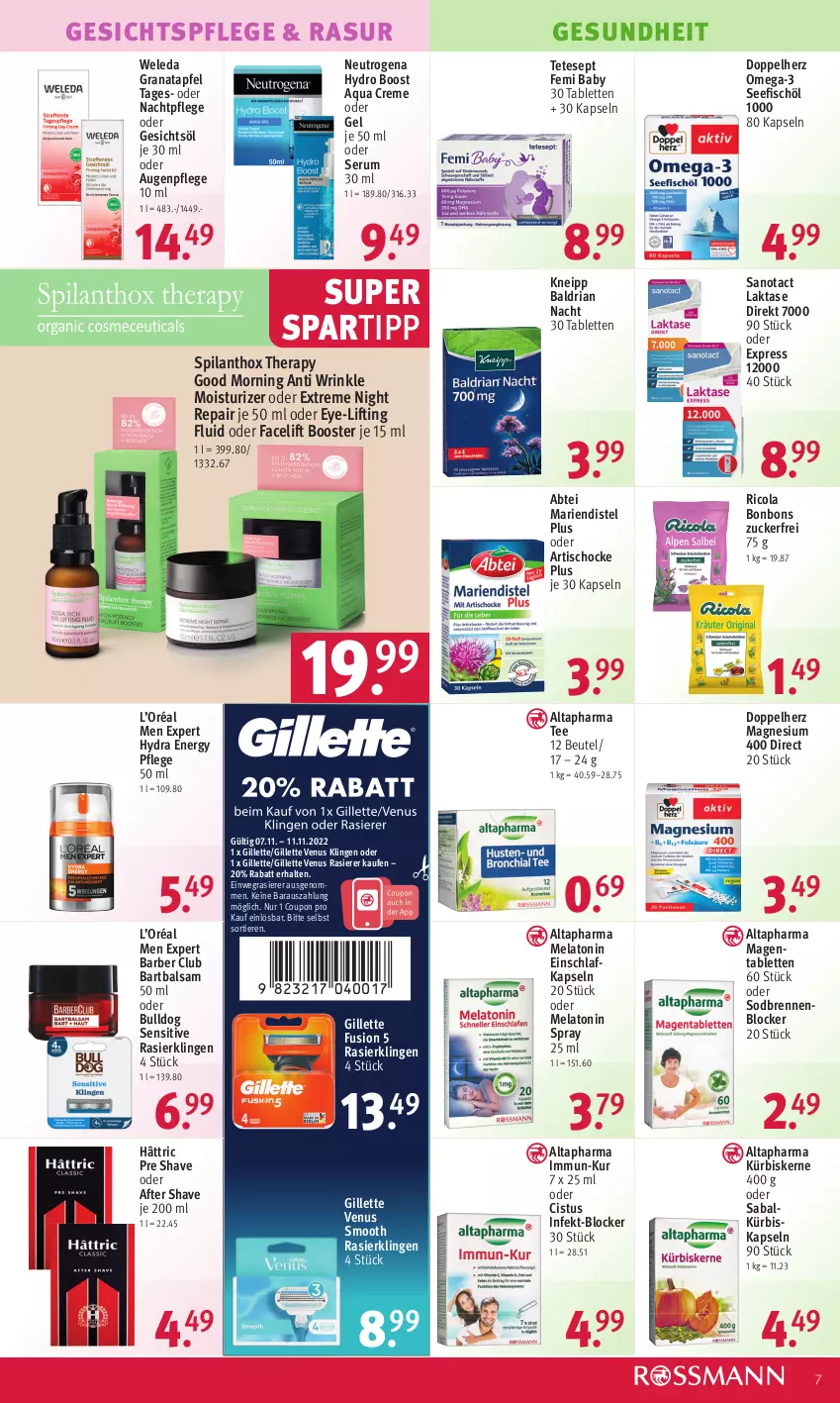 Aktueller Prospekt Rossmann - Prospekte - von 07.11 bis 11.11.2022 - strona 7 - produkty: Abtei, after shave, Altapharma, apfel, aqua, Augenpflege, balsam, beutel, bonbons, Bulldog, cola, coupon, creme, doppelherz, einwegrasierer, fisch, Gesichtsöl, gesichtspflege, Gesundheit, gillette, gillette venus, grana, granatapfel, kneipp, Kürbis, kürbiskerne, magnesium, magnesium 400, nachtpflege, neutrogena, omega, Omega-3, Rana, rasierer, Rasierklinge, rasierklingen, Ria, Ricola, rum, Serum, spartipp, tablet, tablett, Tablette, tee, Ti, Tiere, tisch, venus, weleda, zucker