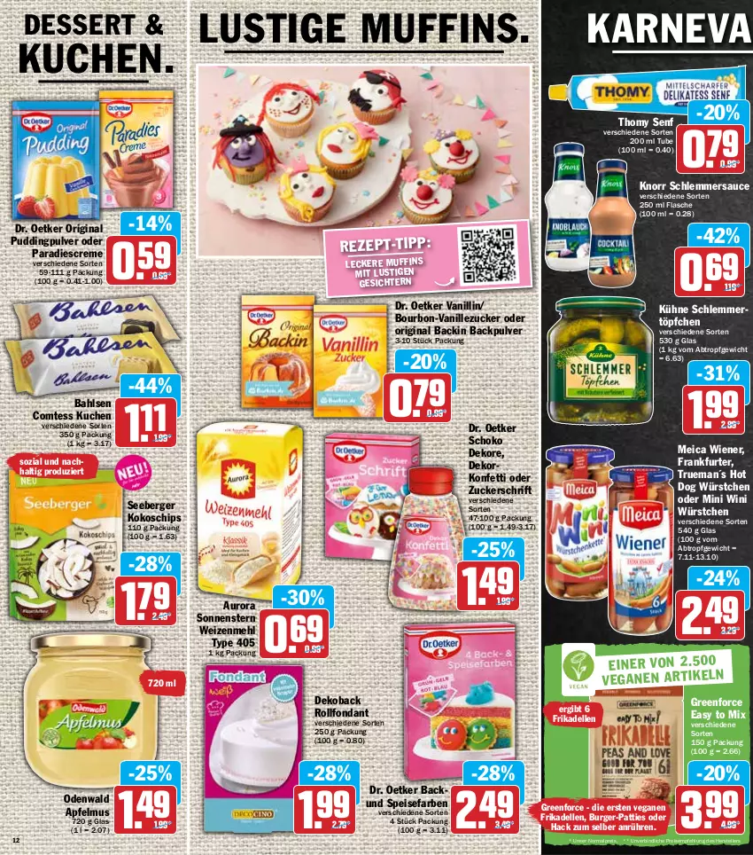 Aktueller Prospekt Hit - Prospekte - von 21.02 bis 26.02.2022 - strona 12 - produkty: apfel, apfelmus, bahlsen, Berger, bourbon, burger, chips, comtess, comtess kuchen, creme, dell, dessert, Dr. Oetker, eis, elle, flasche, frankfurter, frikadellen, gin, hot dog, knorr, kokos, kuchen, Kühne, Lusti, mehl, meica, Muffin, muffins, odenwald, pudding, reis, sauce, schlemmersauce, schlemmertöpfchen, schoko, seeberger, senf, teller, thomy, Ti, Töpfchen, type 405, vanille, weizenmehl, wiener, würstchen, zucker