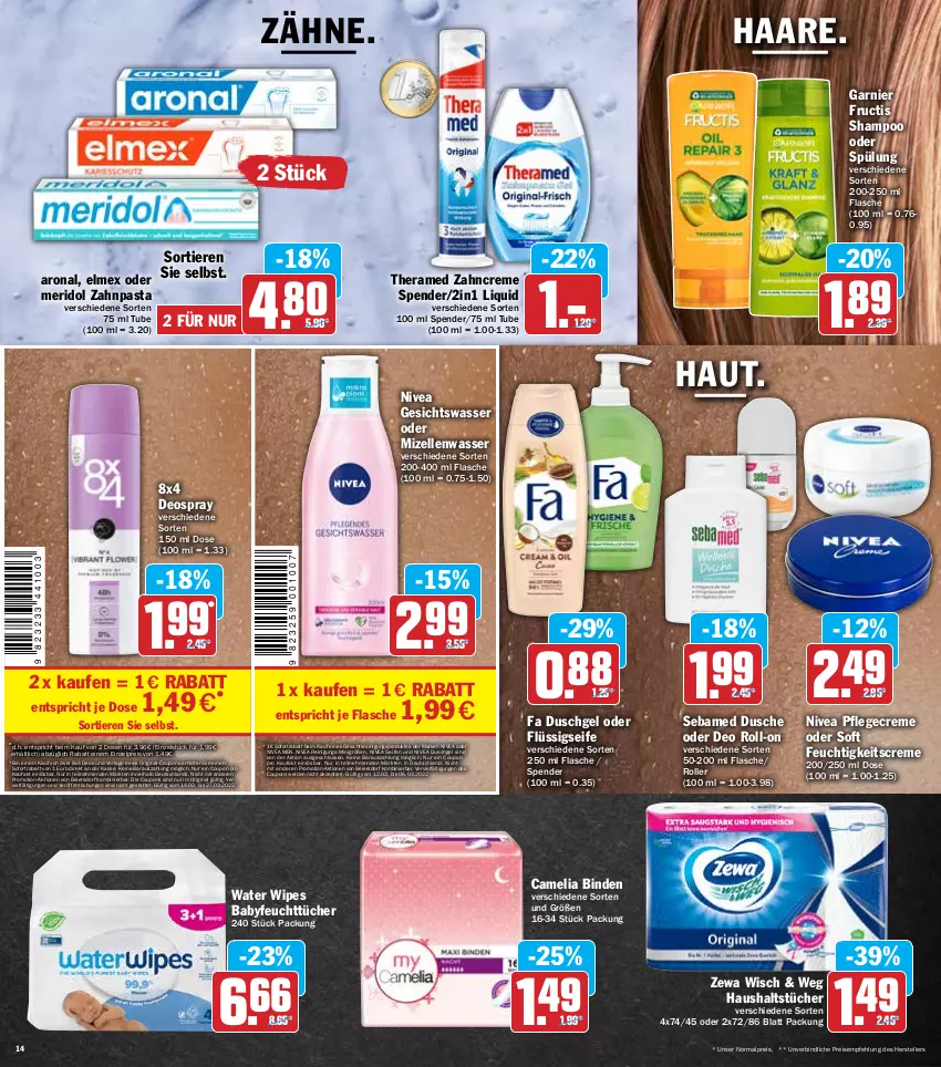 Aktueller Prospekt Hit - Prospekte - von 21.02 bis 26.02.2022 - strona 14 - produkty: binden, camelia, coupon, coupons, creme, deo, deo roll-on, deospray, dusche, duschgel, eier, eis, elle, elmex, erde, fa duschgel, feuchtigkeitscreme, feuchttücher, flasche, flüssigseife, fructis, garnier, Gesichtswasser, gin, haushaltstücher, meridol, mizellen, nivea, Nivea Men, oder deo roll-on, pasta, Pflegecreme, Reinigung, reis, roll-on, Roller, sebamed, Seife, shampoo, shampoo oder spülung, sofortrabatt, spülung, teller, theramed, Ti, Tiere, tücher, wasser, zahncreme, zahnpasta, zewa