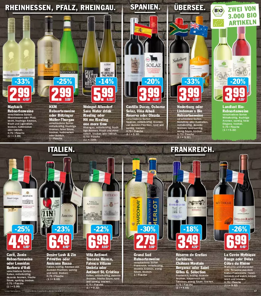 Aktueller Prospekt Hit - Prospekte - von 21.02 bis 26.02.2022 - strona 17 - produkty: asti, aust, Berger, bio, cuvée, drink, eis, elle, ente, flasche, frucht, früchte, früchten, grand sud, maybach, Müller, Müller-Thurgau, nederburg, olaz, osborne, primitivo, rebsortenweine, reis, Ria, riesling, rotwein, rouge, teller, Ti, wein, weine, zonin