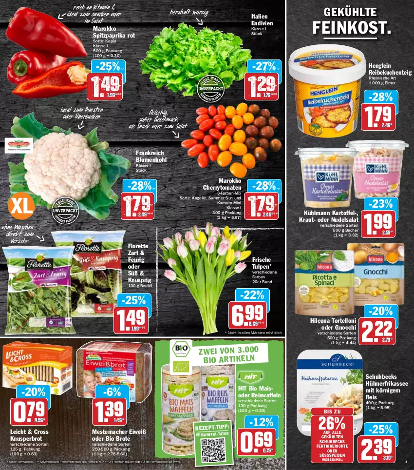 Aktueller Prospekt Hit - Prospekte - von 21.02 bis 26.02.2022 - strona 3 - produkty: Becher, becks, beutel, bio, blume, blumen, blumenkohl, brot, cherrytomaten, eimer, eis, eiswaffeln, elle, ente, feinkost, fertiggericht, fertiggerichte, fleisch, florette, gnocchi, henglein, hilcona, hühner, kartoffel, Kraut, kuchen, kühlmann, mac, mais, mestemacher, nerf, nudel, nudelsalat, paprika, paprika rot, reis, Reiswaffeln, rel, salat, snack, Spitzpaprika, teller, tender, Ti, tomate, tomaten, torte, tortelloni, vita, Vitamin C, waffeln