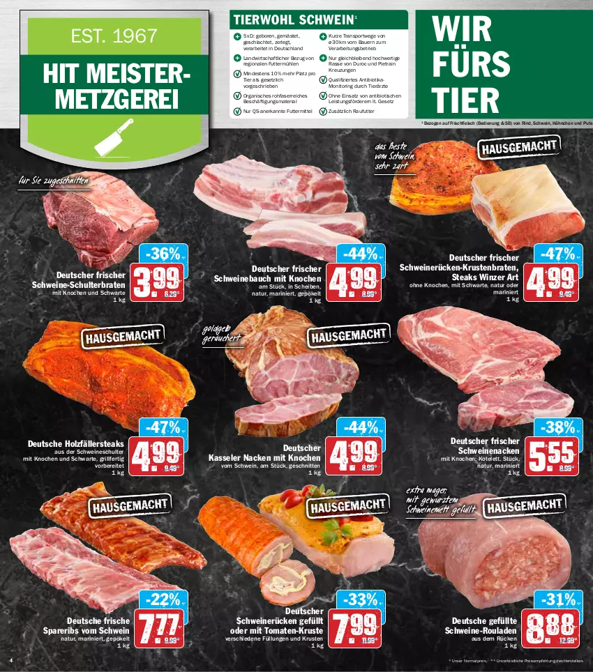 Aktueller Prospekt Hit - Prospekte - von 21.02 bis 26.02.2022 - strona 4 - produkty: auer, Bau, bio, braten, eis, elle, fleisch, gewürz, grill, Holz, holzfällersteaks, kasseler, kotelett, krustenbraten, Meister, Mett, monitor, natur, pute, reis, Ria, rind, ring, rouladen, schnitten, schwein, schweine, Schweinebauch, schweinemett, schweinenacken, schweinerücken, spareribs, Sport, steak, steaks, teller, Ti, tisch, tomate, tomaten, wein, weine, ZTE