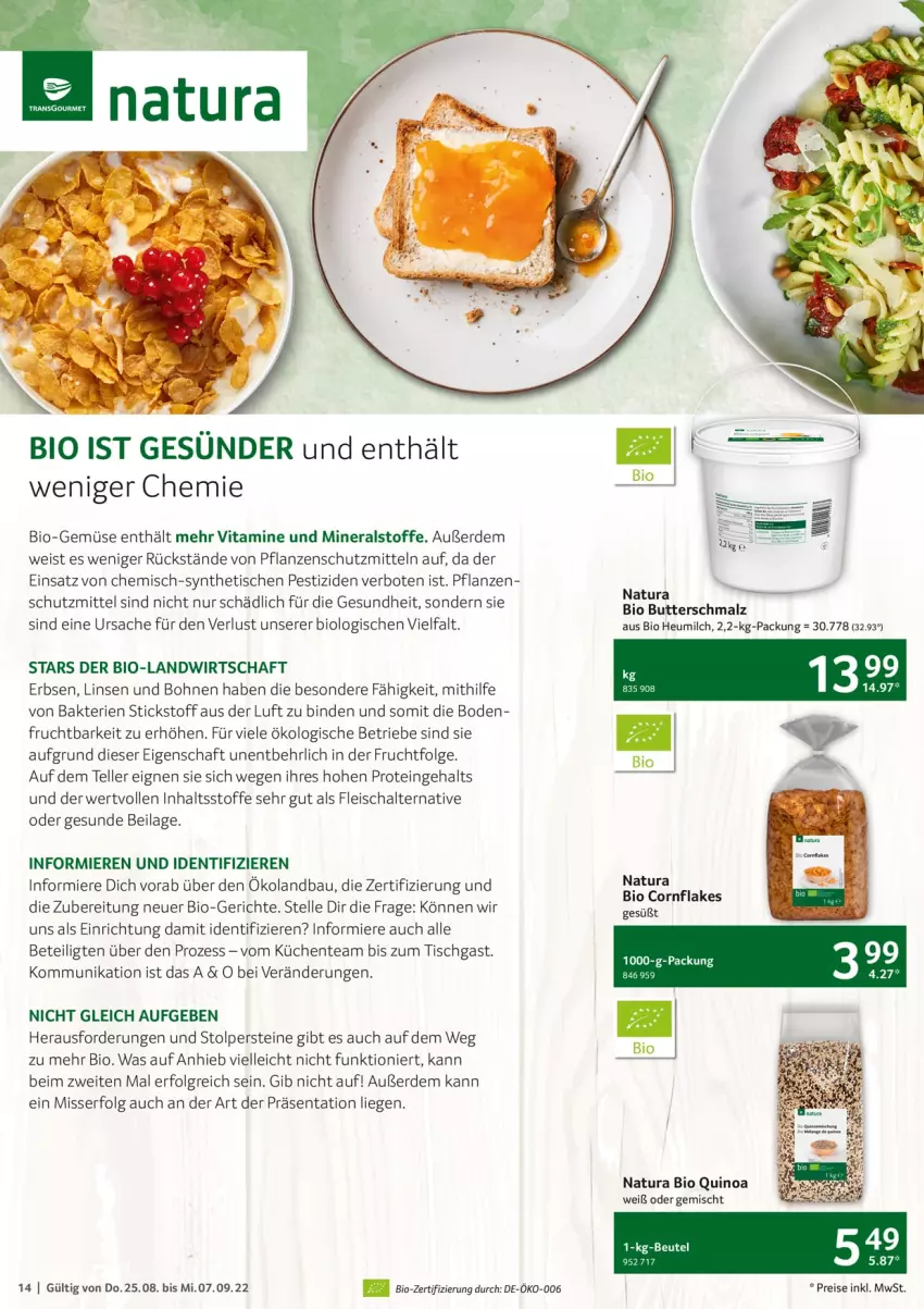 Aktueller Prospekt Selgros - Gastronomie - von 25.08 bis 07.09.2022 - strona 14 - produkty: Bau, beutel, binden, bio, Bio-Gemüse, bohne, bohnen, butter, Butterschmalz, eis, elle, ente, erbsen, erde, flakes, fleisch, Fleischalternative, frucht, Gesundheit, Heu, heumilch, ilag, küche, Küchen, LG, Liege, linsen, malz, milch, natur, natura, pflanze, pflanzen, quinoa, reis, sac, Schal, Schmalz, teller, Ti, tisch, vita, Vitamine