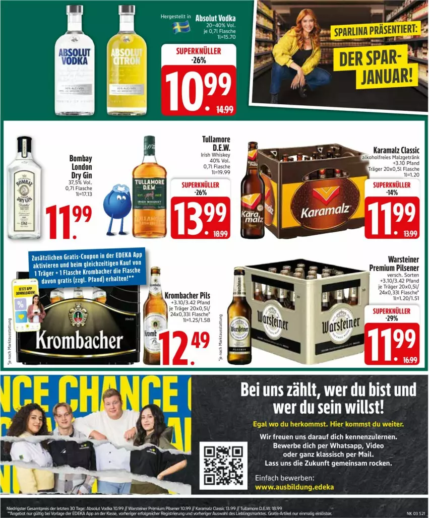 Aktueller Prospekt Edeka - Prospekte - von 12.01 bis 17.01.2026 - strona 23 - produkty: Absolut Vodka, alkohol, deka, deo, eis, flasche, getränk, karamalz, krombache, krombacher, krombacher pils, LG, malz, pils, pilsener, premium pils, rama, reis, steiner, Ti, tullamore, vodka, warsteiner, whiskey, ZTE