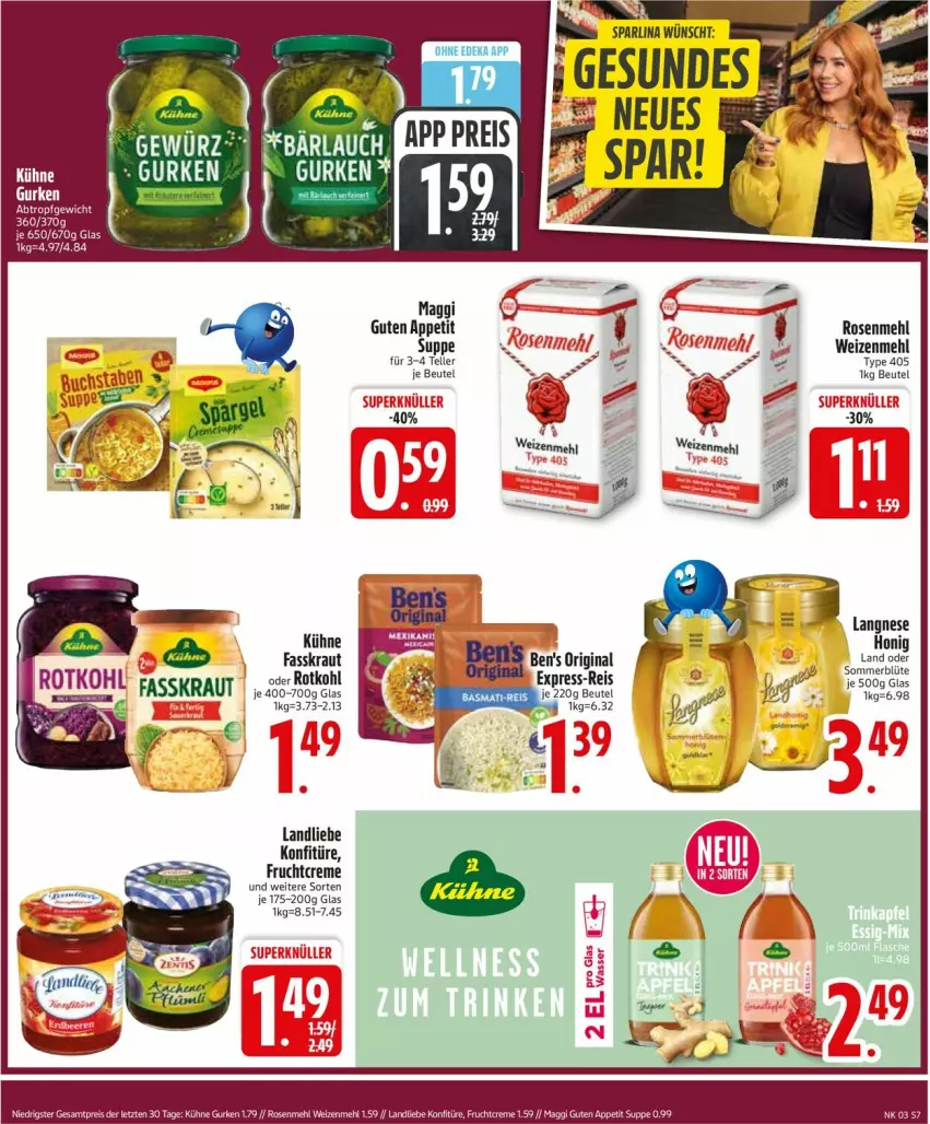 Aktueller Prospekt Edeka - Prospekte - von 12.01 bis 17.01.2026 - strona 9 - produkty: beutel, Blüte, creme, eis, elle, express-reis, frucht, gin, gurke, gurken, honig, konfitüre, Kraut, Kühne, landliebe, langnese, maggi, mehl, reis, rosen, Rosenmehl, suppe, teller, Ti, type 405, weizenmehl, ZTE