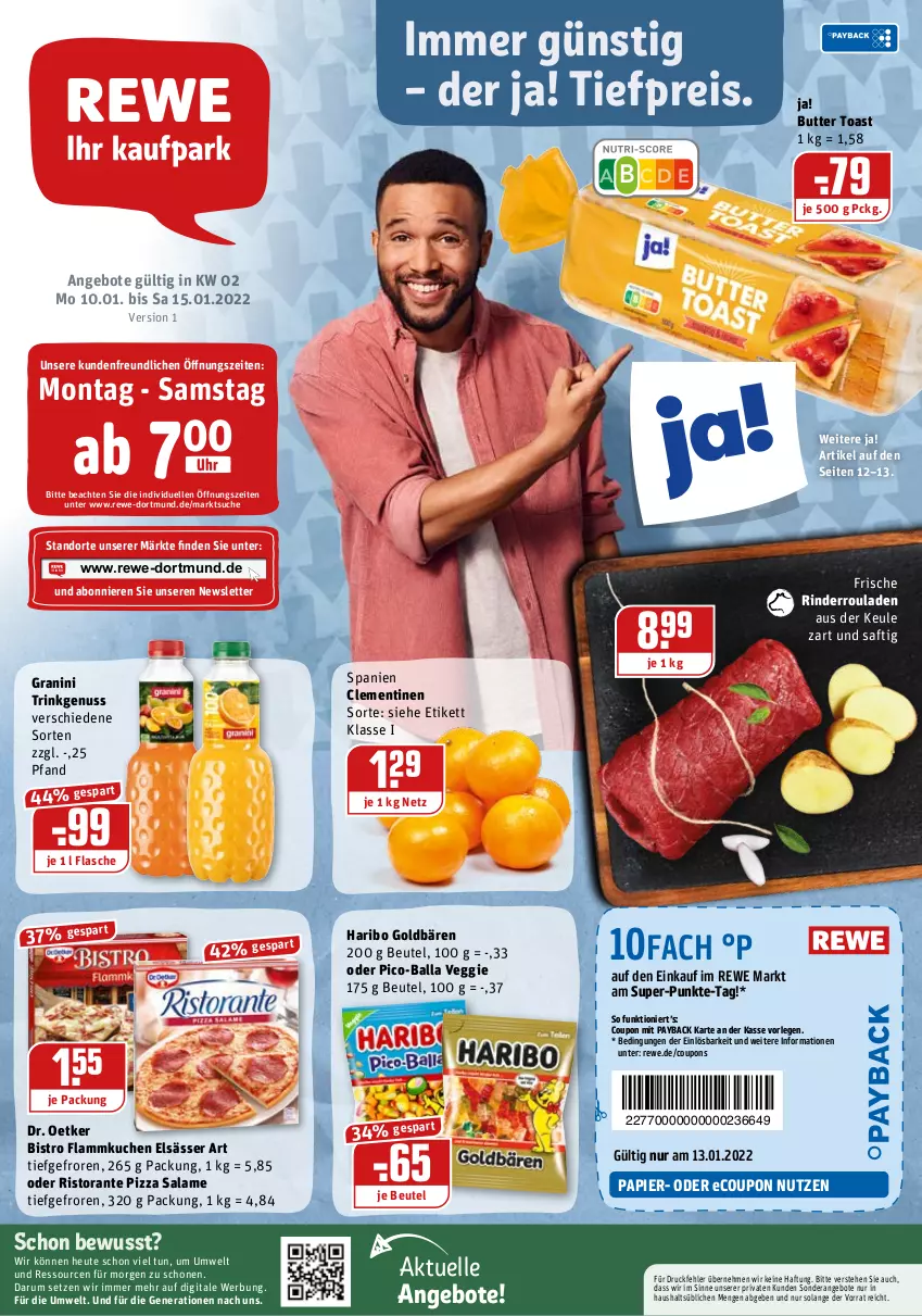 Aktueller Prospekt Rewe - REWE Ihr Kaufpark - von 10.01 bis 15.01.2022 - strona 1 - produkty: angebot, angebote, ball, beutel, butter, clementinen, coupon, coupons, Dr. Oetker, eis, elle, elsässer art, flammkuchen, flasche, goldbären, granini, haribo, Heu, kuchen, lamm, nuss, papier, payback, pizza, pizza salame, reis, rind, rinder, Rinderroulade, rinderrouladen, ristorante, ristorante pizza, rouladen, rum, saft, Ti, tiefpreis, toast, uhr, veggie