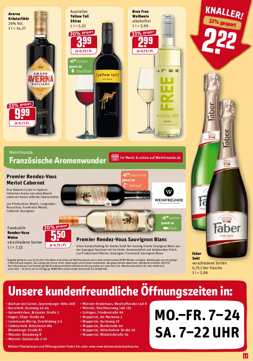 Aktueller Prospekt Rewe - REWE Ihr Kaufpark - von 10.01 bis 15.01.2022 - strona 17 - produkty: alkohol, angebot, aust, averna, beere, beeren, Berger, bree, burger, cabernet, cabernet sauvignon, cuvée, eis, elle, ente, Finish, fisch, flasche, frucht, Geflügel, gewürz, grill, Kinder, kräuter, kräuterlikör, lebensmittel, leine, likör, merl, merlot, rotwein, sauvignon, sauvignon blanc, sekt, telefon, Ti, topf, uhr, wein, weine, Weißwein, yellow tail