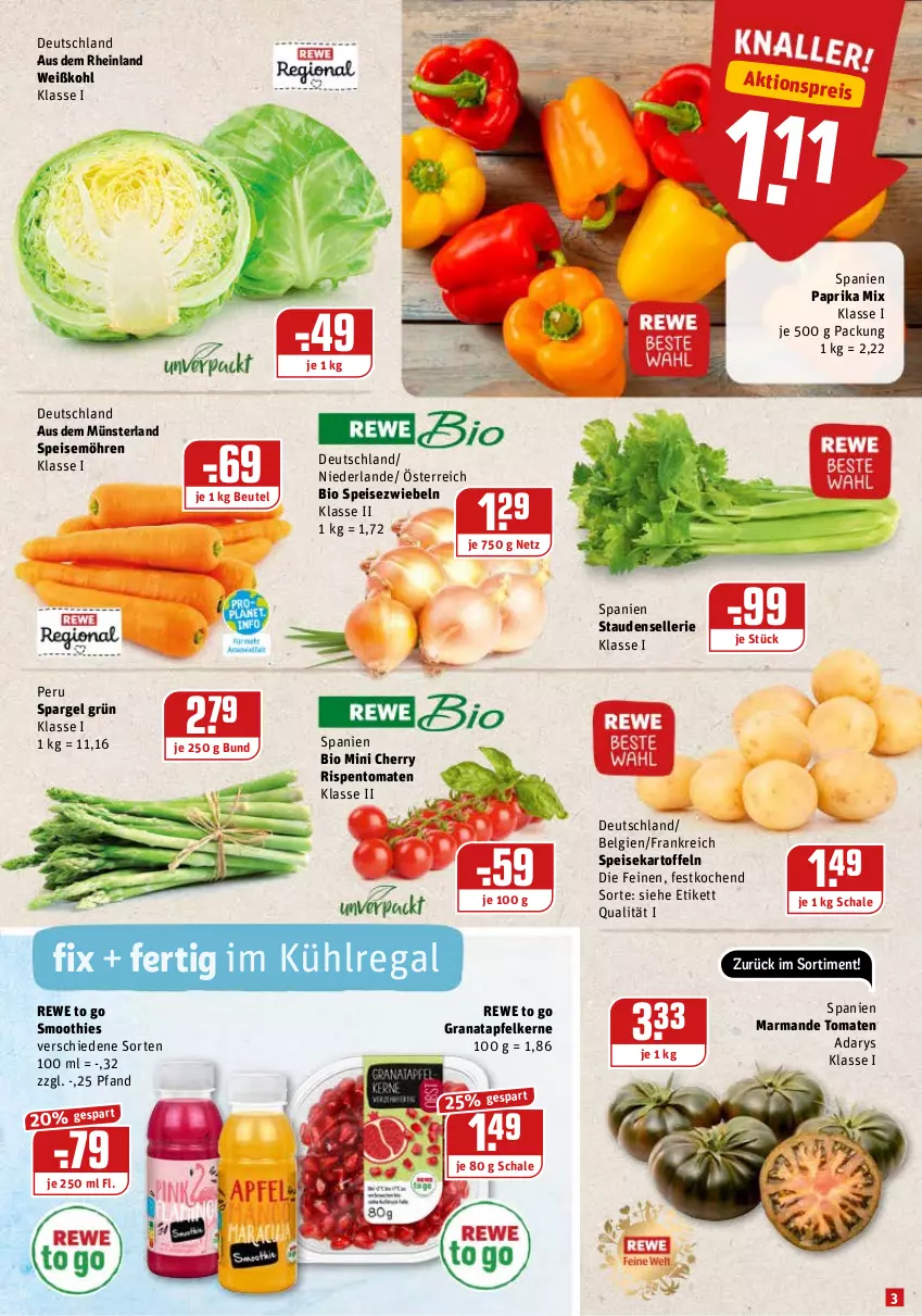 Aktueller Prospekt Rewe - REWE Ihr Kaufpark - von 10.01 bis 15.01.2022 - strona 3 - produkty: apfel, beutel, bio, eis, elle, grana, granatapfel, granatapfelkerne, kartoffel, kartoffeln, kühlregal, LG, möhren, paprika, paprika mix, Rana, regal, reis, rispentomaten, Schal, Schale, smoothie, smoothies, spargel, spargel grün, speisekartoffeln, speisemöhren, Speisezwiebeln, stauden, Ti, tomate, tomaten, Weißkohl, zwiebel, zwiebeln