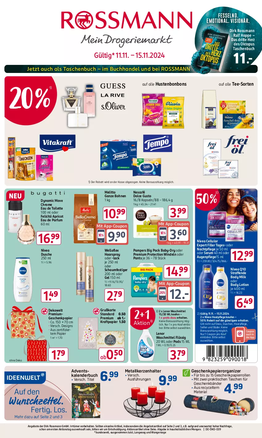 Aktueller Prospekt Rossmann - Prospekte - von 11.11 bis 15.11.2024 - strona 1 - produkty: Adventskalender, angebot, angebote, Augenpflege, baby-dry, body, body lotion, body milk, bohne, bohnen, bonbons, buch, coupon, deo, dolce gusto, dusche, Eau de parfum, eau de toilette, eau de toilette 100 ml, Geschenkpapier, haarpflege, haarspray, Hautpflege, Hustenbonbons, kerze, Kerzenhalter, kraft, lack, lenor, lenor waschmittel, Lotion, melitta, nachtpflege, Nescafé, nivea, oder schaumfestiger, pampers, Pants, papier, parfum, Pods, Q10, Ria, rum, schaumfestiger, Seife, Serum, Tasche, taschen, Taschenbuch, tee, Ti, tisch, waschmittel, Wella, wellaflex, windeln, windeln oder pants