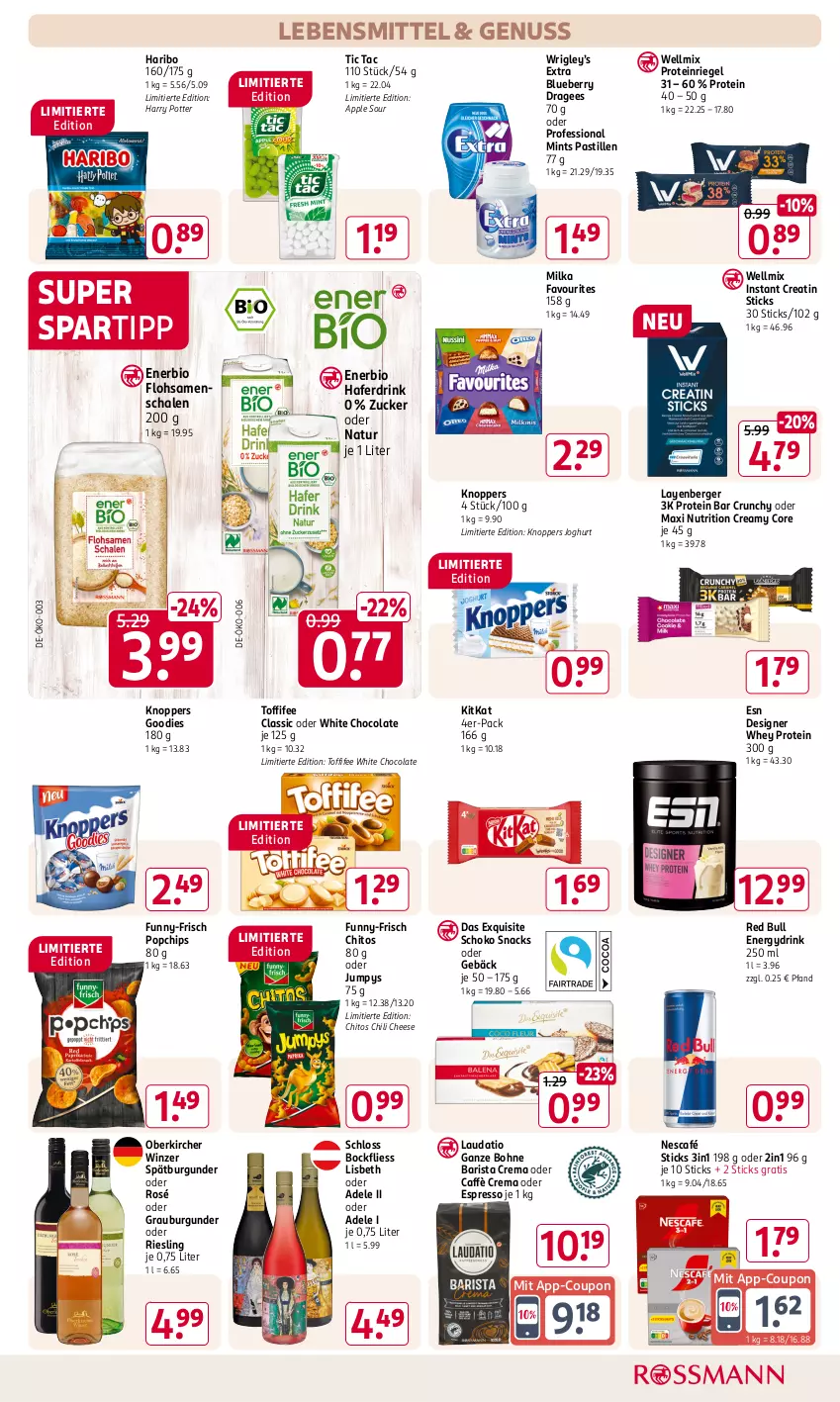 Aktueller Prospekt Rossmann - Prospekte - von 11.11 bis 15.11.2024 - strona 13 - produkty: Apple, asti, Berger, bio, blueberry, bohne, burgunder, caffè crema, chili, chips, cola, coupon, drink, espresso, Flohsamenschalen, funny-frisch, grauburgunder, hafer, Haferdrink, haribo, joghur, joghurt, kitkat, knoppers, lebensmittel, milka, mint, natur, Nescafé, nuss, oder espresso, red bull, riegel, riesling, Schal, Schale, schoko, snack, snacks, spartipp, spätburgunder, Ti, toffifee, white chocolate, zucker