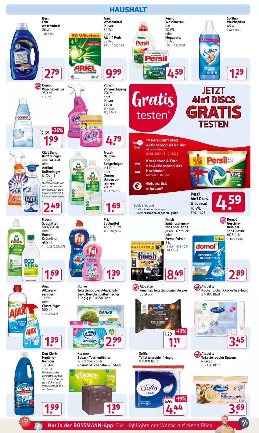 Aktueller Prospekt Rossmann - Prospekte - von 11.11 bis 15.11.2024 - strona 14 - produkty: ajax, allzweckreiniger, alouette, ariel, ariel waschmittel, balsam, bio, biozidprodukte, burti, Cap, Cillit, cillit bang, Domol, essig, feinwaschmittel, feuchtes toilettenpapier, Finish, Frosch, geschirr, Glasreiniger, Kalkreiniger, kosmetik, Kosmetiktücher, Kosmetiktücher-Box, kraft, küche, Küchen, küchentücher, lufterfrischer, megaperls, orange, papier, persil, persil waschmittel, Pods, pril, Rauch, reiniger, rwe, Softlan, spülmaschinen, spülmittel, Tasche, taschen, taschentücher, Ti, toilettenpapier, tücher, vanish, wäscheparfüm, waschmittel, wc-gel, weck, weichspüler, zewa