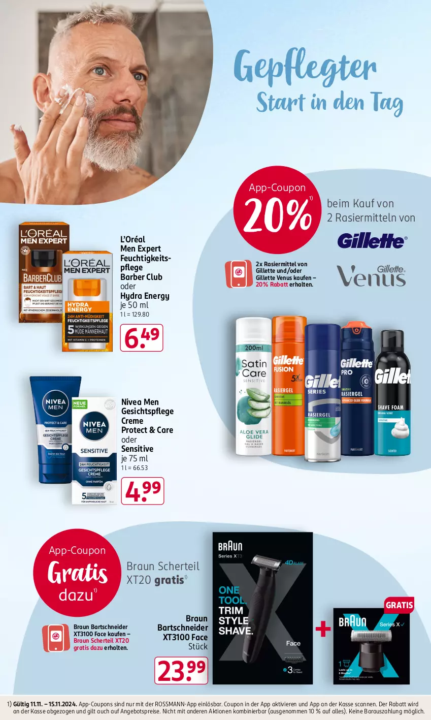 Aktueller Prospekt Rossmann - Prospekte - von 11.11 bis 15.11.2024 - strona 19 - produkty: angebot, angebotspreis, bartschneider, braun, coupon, coupons, creme, eis, gesichtspflege, gillette, gillette venus, nivea, Nivea Men, reis, Ti, venus