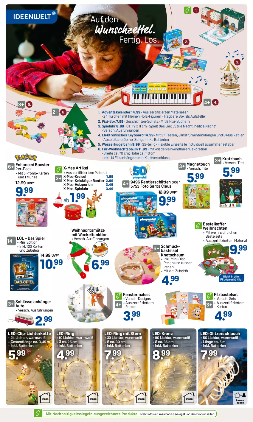 Aktueller Prospekt Rossmann - Prospekte - von 11.11 bis 15.11.2024 - strona 2 - produkty: Adventskalender, Anhänger, auto, batterie, batterien, Bau, Brei, buch, dekoration, eis, Elan, Elektro, elle, ente, fenster, Holz, Kette, koffer, Kranz, Kugel, Kugelbahn, leine, lichterkette, Magnetbuch, Mütze, papier, perlen, reis, Ria, ring, rum, rwe, schlauch, Schlitten, Schmuck, teller, Ti, uhr, wasser, weihnachten, Weihnachtsbaum, Zelt