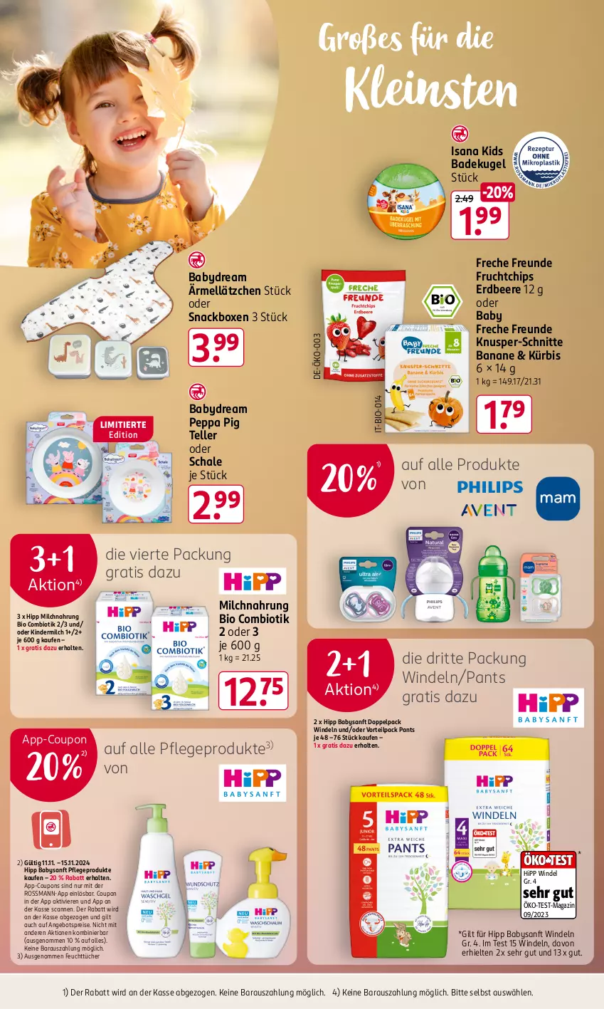 Aktueller Prospekt Rossmann - Prospekte - von 11.11 bis 15.11.2024 - strona 22 - produkty: angebot, angebotspreis, babydream, Bad, banane, beere, bio, chips, coupon, coupons, eis, elle, erdbeere, feuchttücher, freche freunde, frucht, hipp, isana, Kinder, kindermilch, Kugel, Kürbis, Lätzche, magazin, milch, Pants, Peppa Pig, reis, sana, Schal, Schale, snack, teller, Ti, tücher, windeln