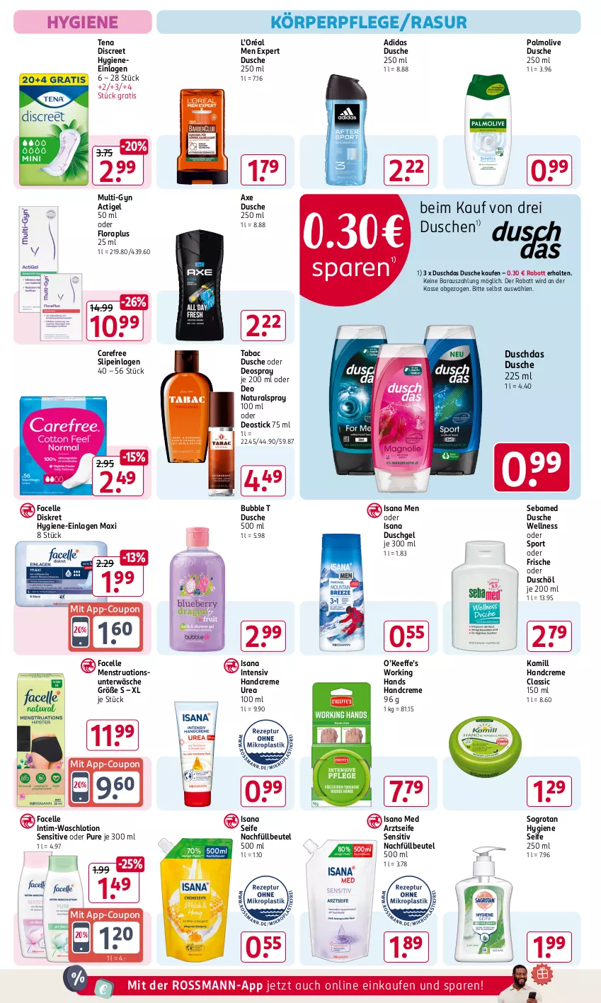 Aktueller Prospekt Rossmann - Prospekte - von 11.11 bis 15.11.2024 - strona 8 - produkty: Adidas, Arztseife, axe, beutel, carefree, coupon, creme, deo, deospray, Deostick, Discreet, duschdas, dusche, duschgel, elle, Facelle, handcreme, isana, Kamill, körperpflege, Lotion, natur, natura, oder deospray, olive, palmolive, sagrotan, sana, sebamed, Seife, slip, slipeinlagen, Sport, Ti, Unterwäsche, Waschlotion