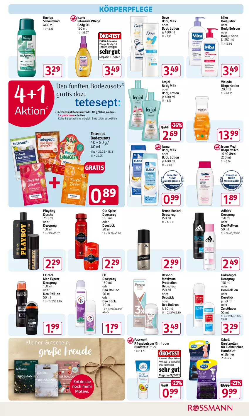 Aktueller Prospekt Rossmann - Prospekte - von 11.11 bis 15.11.2024 - strona 9 - produkty: Adidas, avocado, Bad, balsam, Bimsstein, body, body lotion, body milk, bruno banani, decke, deo, deo roll-on, deospray, deospray 150 ml, Deostick, dove, dusche, Fusswohl, gutschein, isana, kneipp, Körperlotion, körperpflege, leine, Lotion, magazin, mandel, Mandelöl, milch, Mixa, oder deo roll-on, oder deospray, Old Spice, Pflegebalsam, Playboy, rexona, roll-on, sana, schaumbad, scholl, Ti, weleda