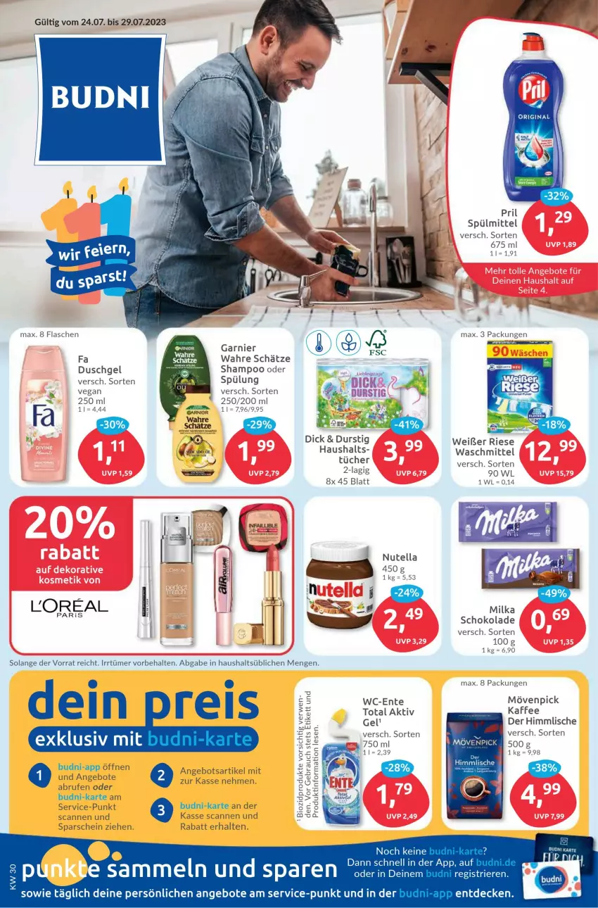 Aktueller Prospekt Budni - Prospekte - von 24.07 bis 29.07.2023 - strona 1 - produkty: angebot, angebote, bio, biozidprodukte, Brufen, decke, duschgel, ente, fa duschgel, flasche, garnier, kaffee, milka, milka schokolade, mövenpick, nutella, Rauch, rwe, schoko, schokolade, shampoo, shampoo oder spülung, spülmittel, spülung, Ti, tücher, Wahre Schätze, waschmittel