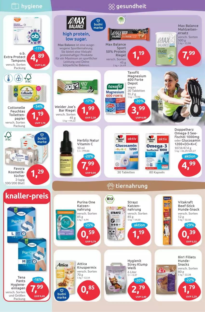 Aktueller Prospekt Budni - Prospekte - von 24.07 bis 29.07.2023 - strona 5 - produkty: beef, cottonelle, doppelherz, eis, elle, fisch, Glucosamin, kosmetik, kraft, magnesium, natur, omega, Omega-3, Pants, papier, purina, riegel, snack, snacks, Sport, tablet, tablett, Tablette, Tampon, tampons, Taxofit, Ti, tücher, vita, vitakraft