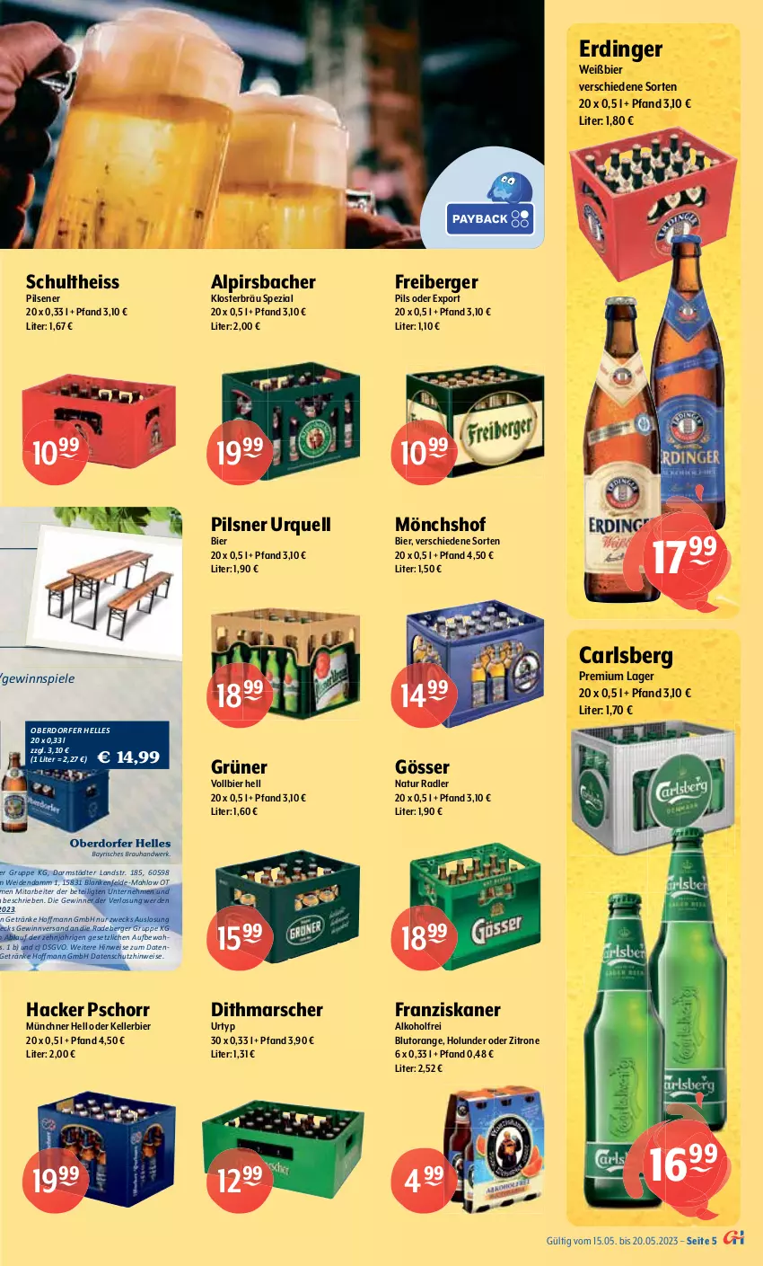 Aktueller Prospekt Getraenke Hoffmann - Prospekte - von 15.05 bis 20.05.2023 - strona 5 - produkty: alkohol, Alpirsbacher, Altenmünster, aust, Berger, bier, Biere, Bierzeltgarnitur, bitburger, Blutorange, burger, carlsberg, clausthaler, eier, eis, elle, erde, erdinger, franziskaner, Freiberger, garnitur, getränk, getränke, gewinnspiel, gin, gösser, hacker pschorr, hasseröder, holunder, kellerbier, Kloster Andechs, LG, mais, mars, mönchshof, natur, natur radler, orange, Paula, paulaner, pils, pilsener, pilsner, pilsner urquell, premium pils, radeberger, radler, Schultheiss, senf, Spezi, Spiele, Ti, urtyp, weck, weihenstephan, weissbier, WICK, Zelt, zitrone