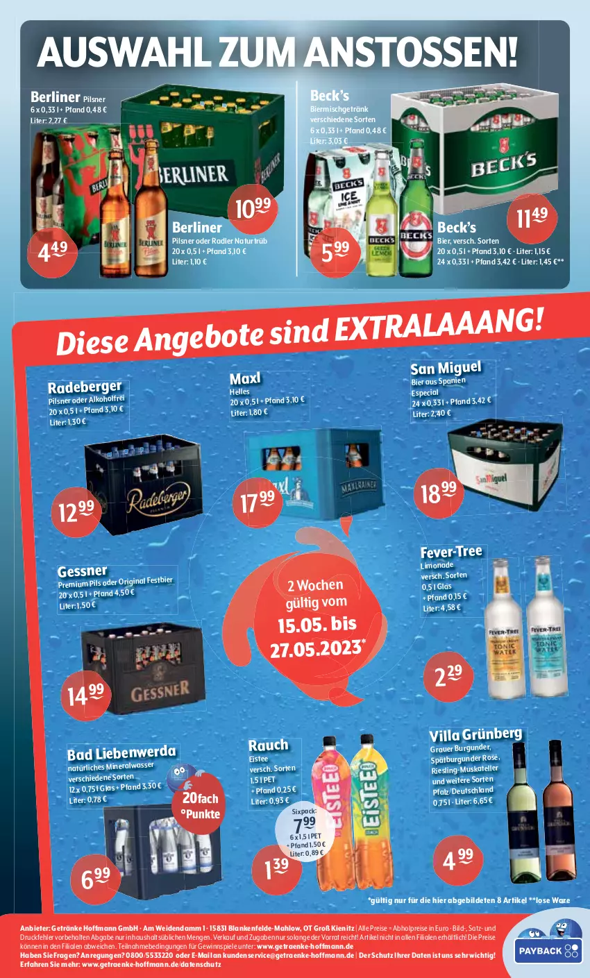 Aktueller Prospekt Getraenke Hoffmann - Prospekte - von 15.05 bis 20.05.2023 - strona 8 - produkty: abholpreise, alkohol, Alwa, auer, Bad, Bad Liebenwerda, berliner, bier, burgunder, eis, eistee, elle, fever-tree, Gessner, getränk, getränke, gewinnspiel, gin, limo, limonade, mineralwasser, natur, natürliches mineralwasser, nero, oder radler, pils, pilsner, premium pils, radler, Rauch, reis, riesling, spätburgunder, Spiele, tee, teller, Ti, wasser