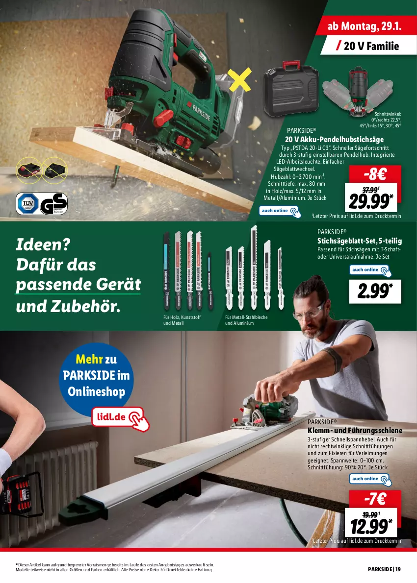 Aktueller Prospekt Lidl - Parkside - von 15.01 bis 10.02.2024 - strona 19 - produkty: akku, angebot, Arbeitsleuchte, dell, eis, elle, Holz, Leuchte, Mode, Parkside, Pendelhubstichsäge, reis, säge, stichsäge, Ti, ZTE