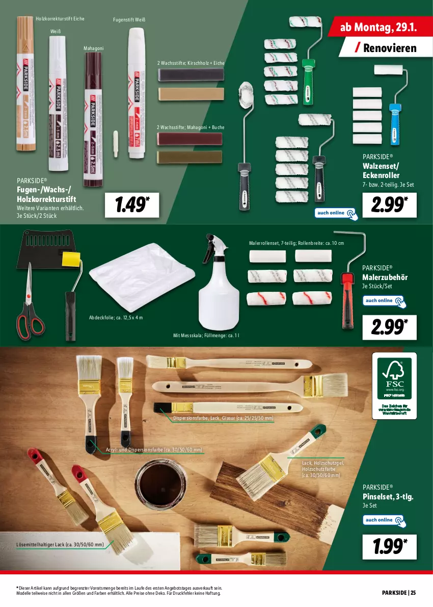 Aktueller Prospekt Lidl - Parkside - von 15.01 bis 10.02.2024 - strona 25 - produkty: angebot, Brei, buch, dell, eis, elle, Fugenstift, Holz, holzschutz, kirsch, lack, LG, Mode, Parkside, Pinsel, Pinselset, reis, Ria, Roller, stifte, Ti, ZTE