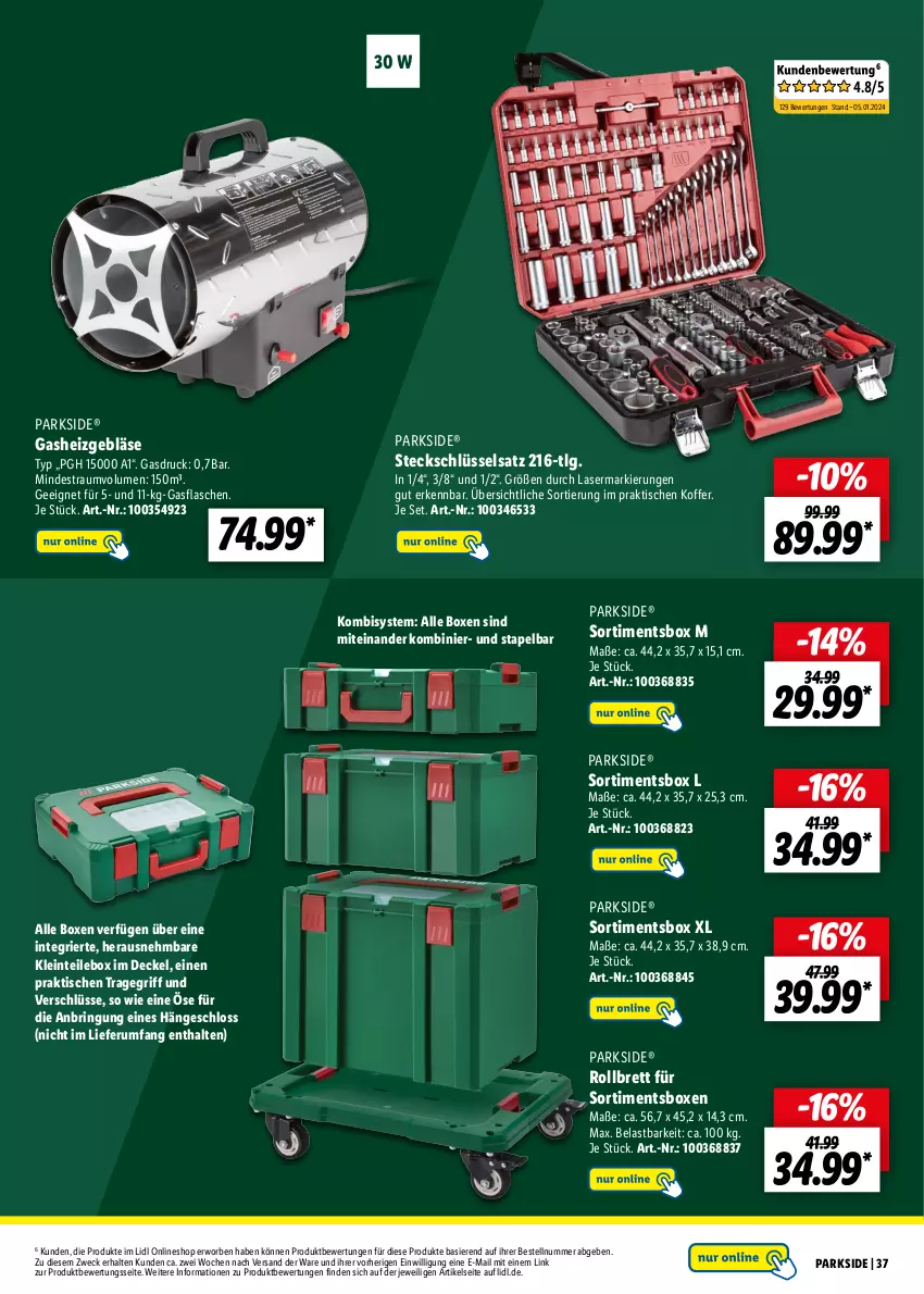 Aktueller Prospekt Lidl - Parkside - von 15.01 bis 10.02.2024 - strona 37 - produkty: decke, Deckel, flasche, gasflaschen, Gasheizgebläse, Heizgebläse, koffer, LG, Parkside, ring, rum, Steckschlüsselsatz, Ti, tisch, tragegriff, weck