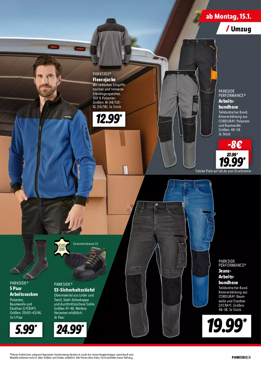 Aktueller Prospekt Lidl - Parkside - von 15.01 bis 10.02.2024 - strona 5 - produkty: angebot, Arbeitssocken, asti, Bau, baumwolle, dell, eis, elle, Fleecejacke, hose, Jacke, jeans, Mode, Parkside, reis, Ria, socken, Tasche, taschen, Ti, tisch, wolle, ZTE