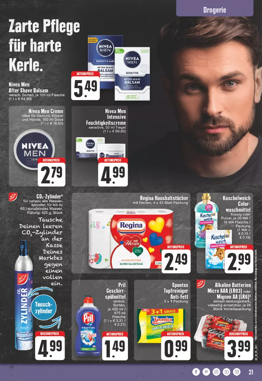 Aktueller Prospekt E Center - Angebote der Woche - von 24.07 bis 29.07.2023 - strona 21 - produkty: after shave, aktionspreis, balsam, creme, discount, eis, feuchtigkeitscreme, flasche, geschirr, gin, haushaltstücher, kraft, Kuschelweich, nivea, Nivea Men, reis, spontex, Sprudel, spülmittel, tee, Ti, tücher, waschmittel, wasser