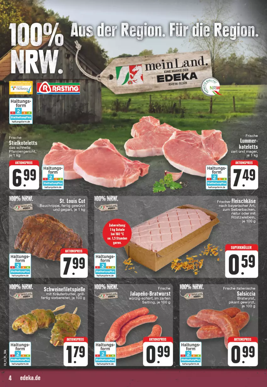 Aktueller Prospekt E Center - Angebote der Woche - von 24.07 bis 29.07.2023 - strona 4 - produkty: aktionspreis, Bau, bratwurst, butter, eis, elle, ente, filet, filets, fleisch, fleischkäse, gewürz, grill, Käse, kotelett, kräuter, kräuterbutter, natur, pfanne, pfannen, reis, salat, Schal, Schale, schwein, schweine, schweinefilet, Ti, wein, weine, wurst