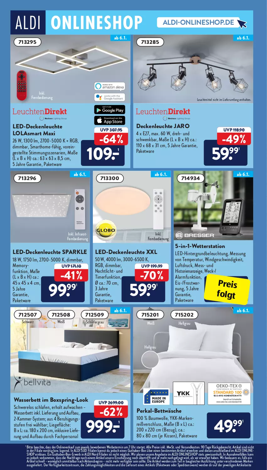 Aktueller Prospekt AldiSud - ALDI Aktuell - von 03.01 bis 08.01.2022 - strona 12 - produkty: aldi, angebot, angebote, auer, Bau, baumwolle, beleuchtung, bett, bettwäsche, decke, deckenleuchte, eis, erde, fernbedienung, gin, hohenstein, HP, kissen, led-deckenleuchte, Leuchte, leuchtmittel, LG, Liege, Nachtlicht, ndk, Persona, reis, rel, ring, rum, rwe, Ti, timer, uhr, wasser, weck, Wetterstation, wolle