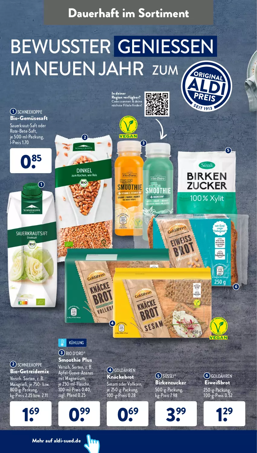 Aktueller Prospekt AldiSud - ALDI Aktuell - von 03.01 bis 08.01.2022 - strona 30 - produkty: aldi, ananas, apfel, auer, bio, Bio-Gemüse, Birkenzucker, brot, eis, Eiweißbrot, flasche, Guave, je 250-g-packung, knäckebrot, korn, Kraut, magnesium, mais, reis, saft, Sauerkraut, sesam, smoothie, Ti, zucker