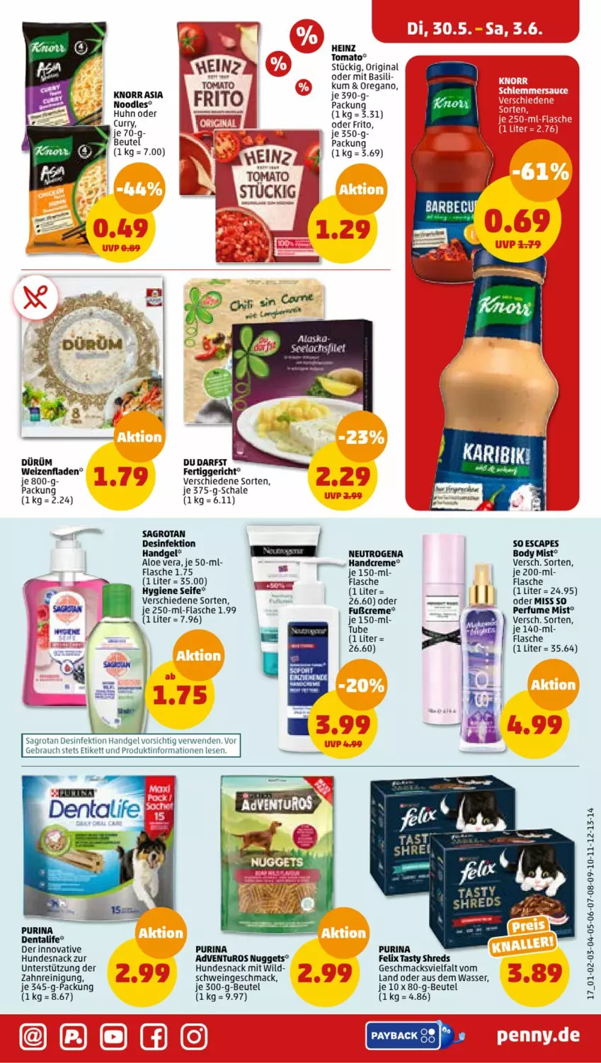 Aktueller Prospekt Penny - Prospekte - von 29.05 bis 03.06.2023 - strona 17 - produkty: adventuros, aloe vera, bett, beutel, body, Cap, creme, curry, Desinfektion, felix, fertiggericht, flasche, gin, handcreme, heinz, hundesnack, knorr, mac, neutrogena, nuggets, purina, Rauch, Reinigung, rum, rwe, sac, sagrotan, Schal, Schale, schwein, Seife, snack, Ti, wasser, wein, Wild