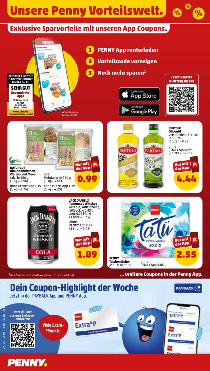 Aktueller Prospekt Penny - Prospekte - von 29.05 bis 03.06.2023 - strona 26 - produkty: auto, bertolli, bio, brötchen, cola, coupon, coupons, eier, erde, jack daniel, jack daniel's, korn, natur, olive, oliven, olivenöl, payback, salz, Tasche, taschen, taschentücher, tee, tennessee whiskey, Ti, tisch, tücher, whiskey