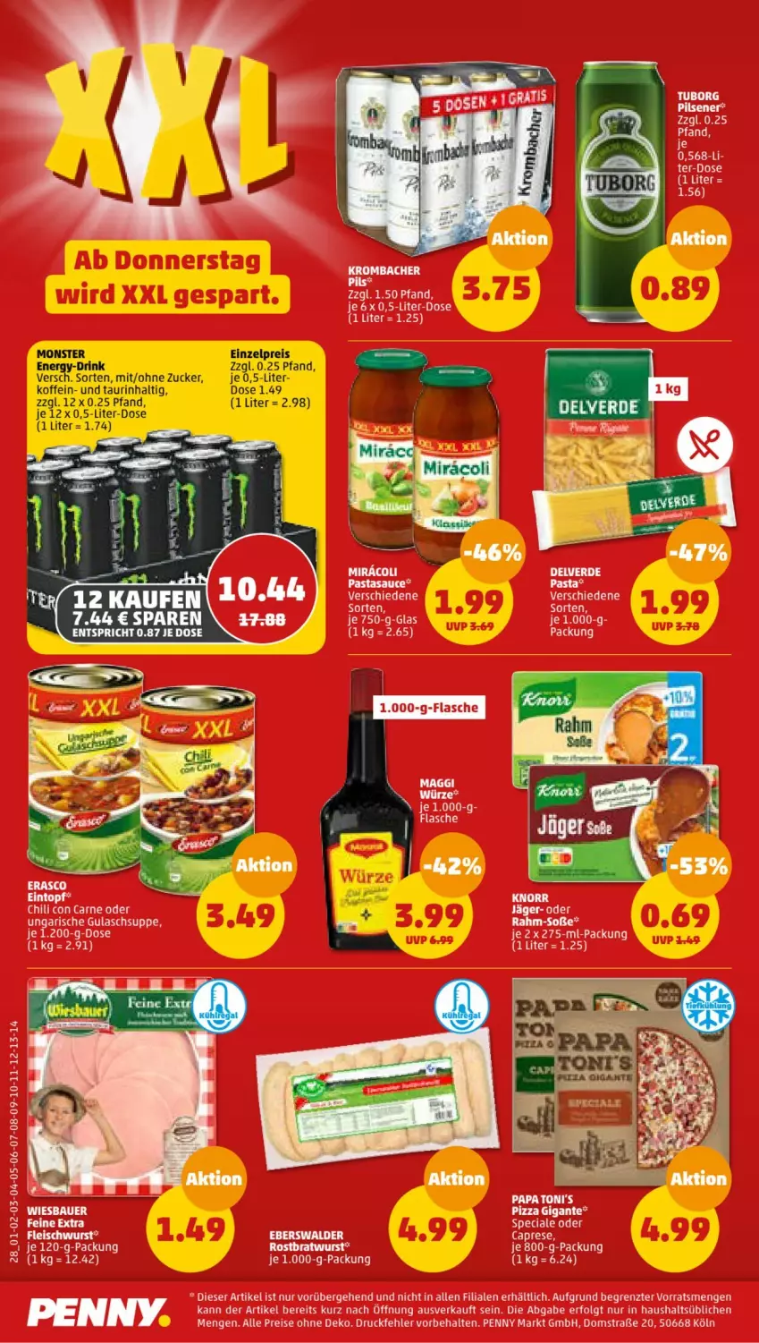 Aktueller Prospekt Penny - Prospekte - von 29.05 bis 03.06.2023 - strona 28 - produkty: bratwurst, Cap, chili, drink, eintopf, eis, erde, flasche, fleisch, fleischwurst, gulasch, Gulaschsuppe, krombache, krombacher, LG, monster, pasta, pils, pilsener, pizza, reis, rostbratwurst, sauce, Soße, suppe, Ti, topf, wurst, ZTE, zucker