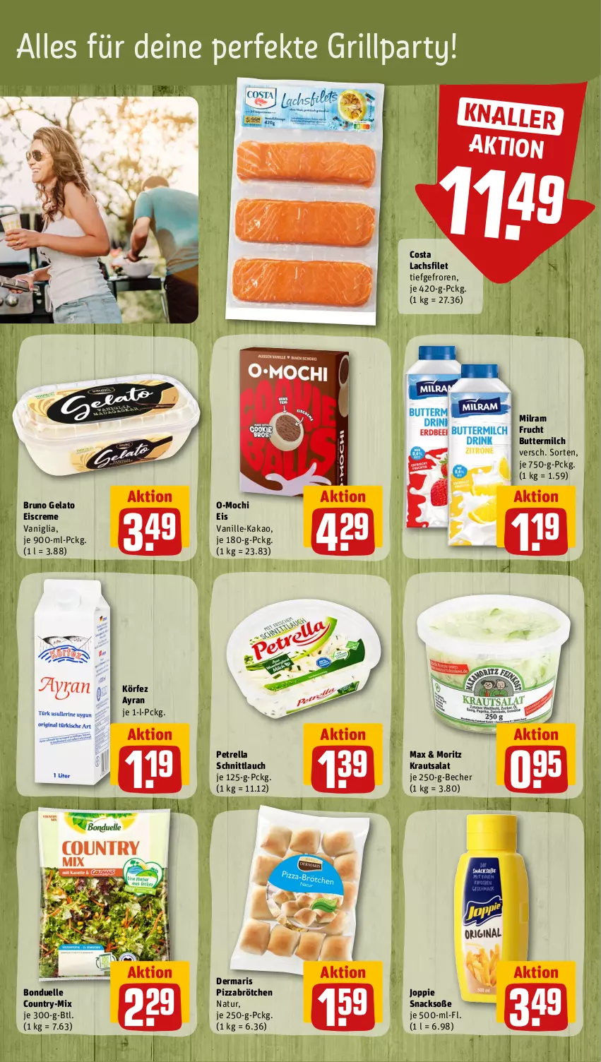 Aktueller Prospekt Rewe - Prospekte - von 12.06 bis 17.06.2023 - strona 15 - produkty: Ayran, Becher, bonduelle, brötchen, bruno gelato, butter, buttermilch, creme, eis, eiscreme, elle, filet, frucht, grill, kakao, Kraut, krautsalat, lachs, lachsfilet, milch, milram, Mochi, natur, petrella, pizza, rel, salat, schnittlauch, snack, snacks, Soße, Ti, vanille